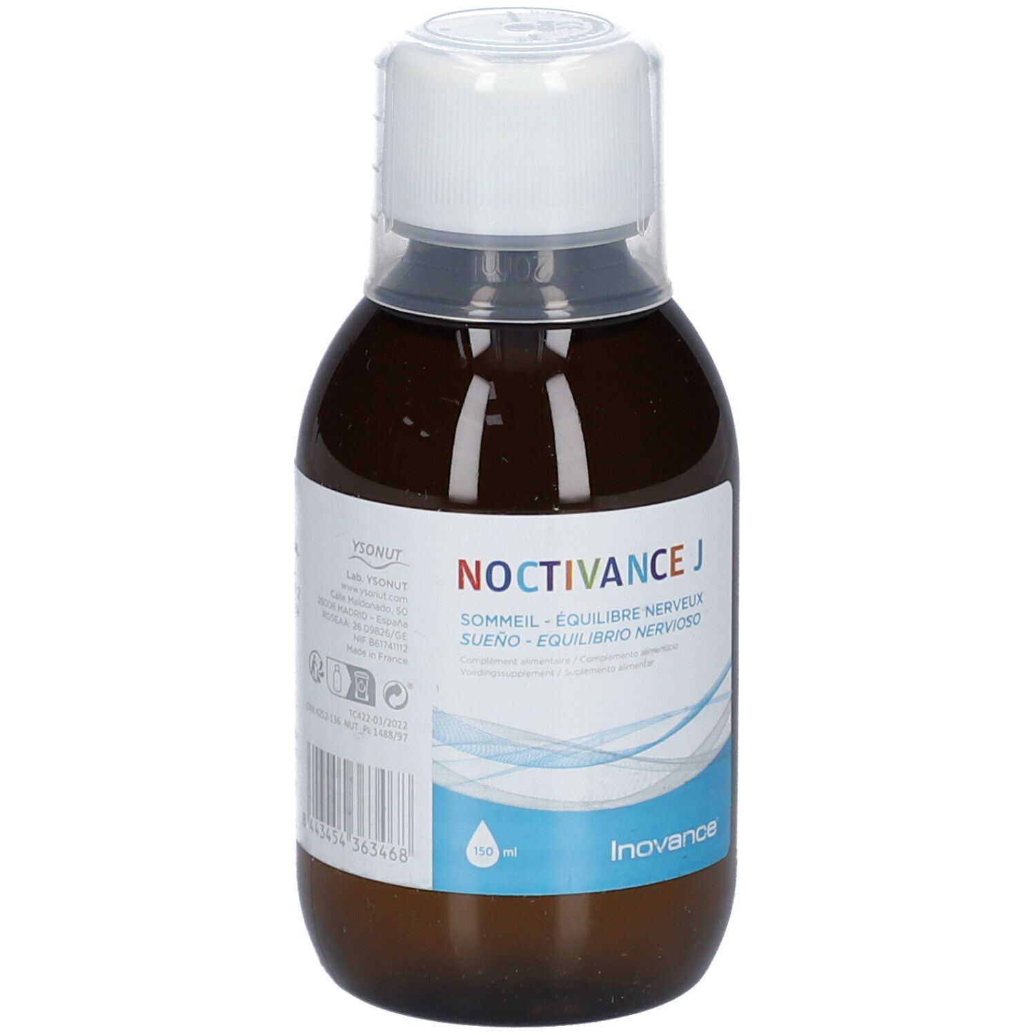 Bruine glazen fles met witte dop. Opschrift: Noctivance J, slaap, nerveus evenwicht. Inovance-logo. 150 ml.