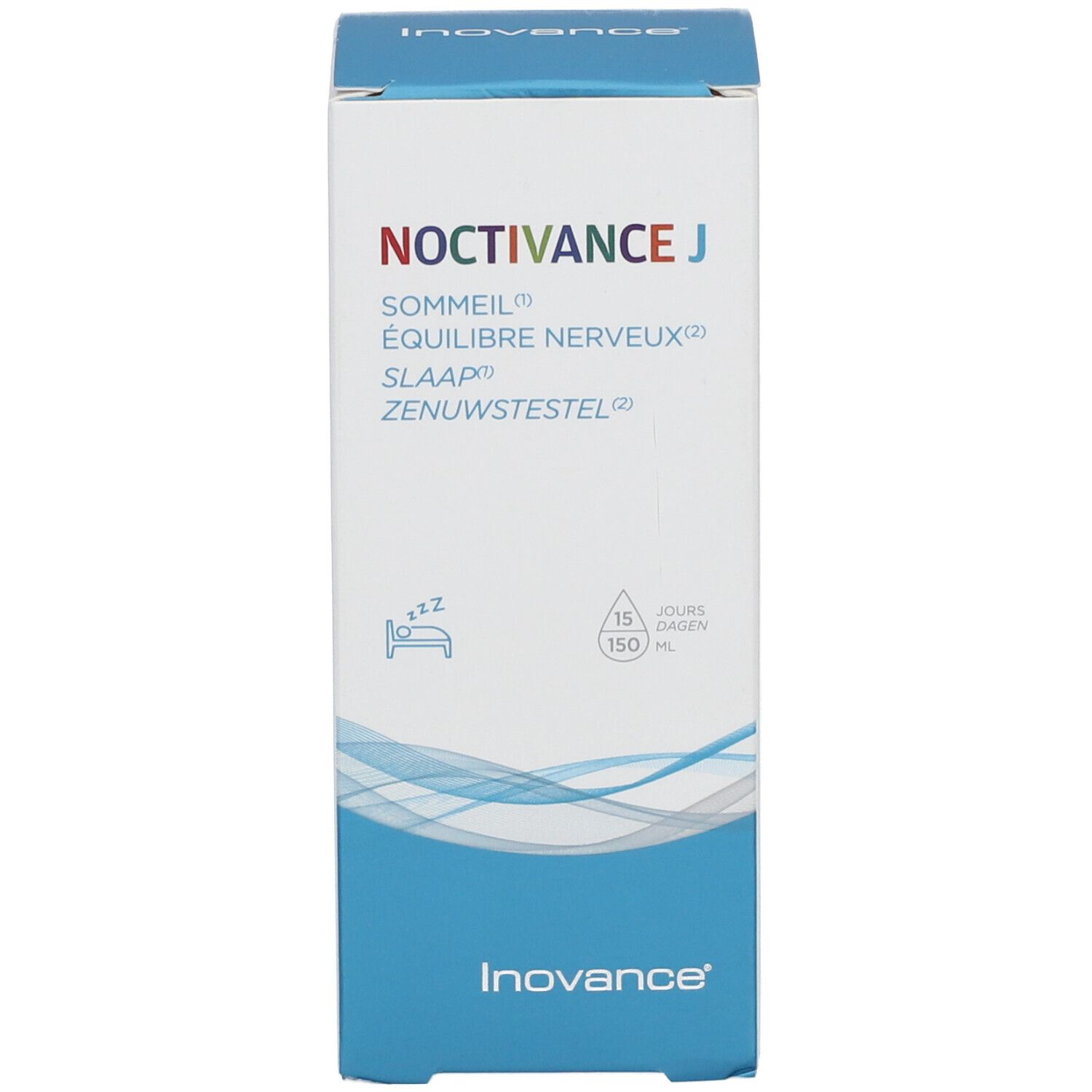 Kartonnen verpakking. Opschrift: Noctivance J, slaap, nerveus evenwicht. Inovance-logo. Afbeelding bed.