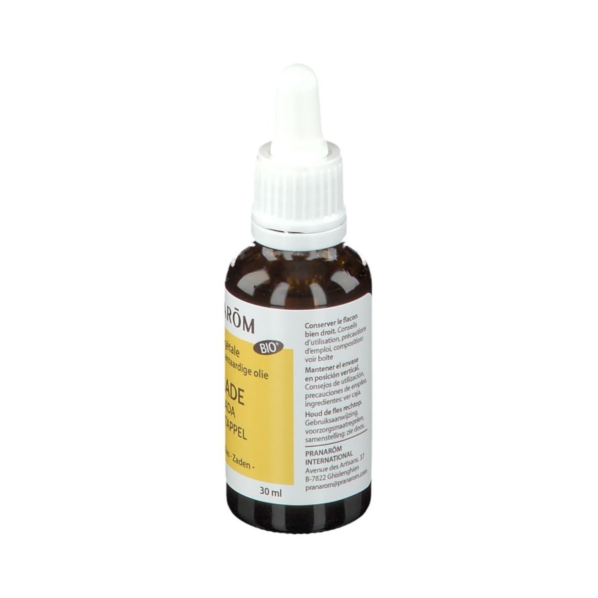 Bruine glazen fles met pipet. Etiket met productinformatie en 30 ml. Merk PRANARÔM.