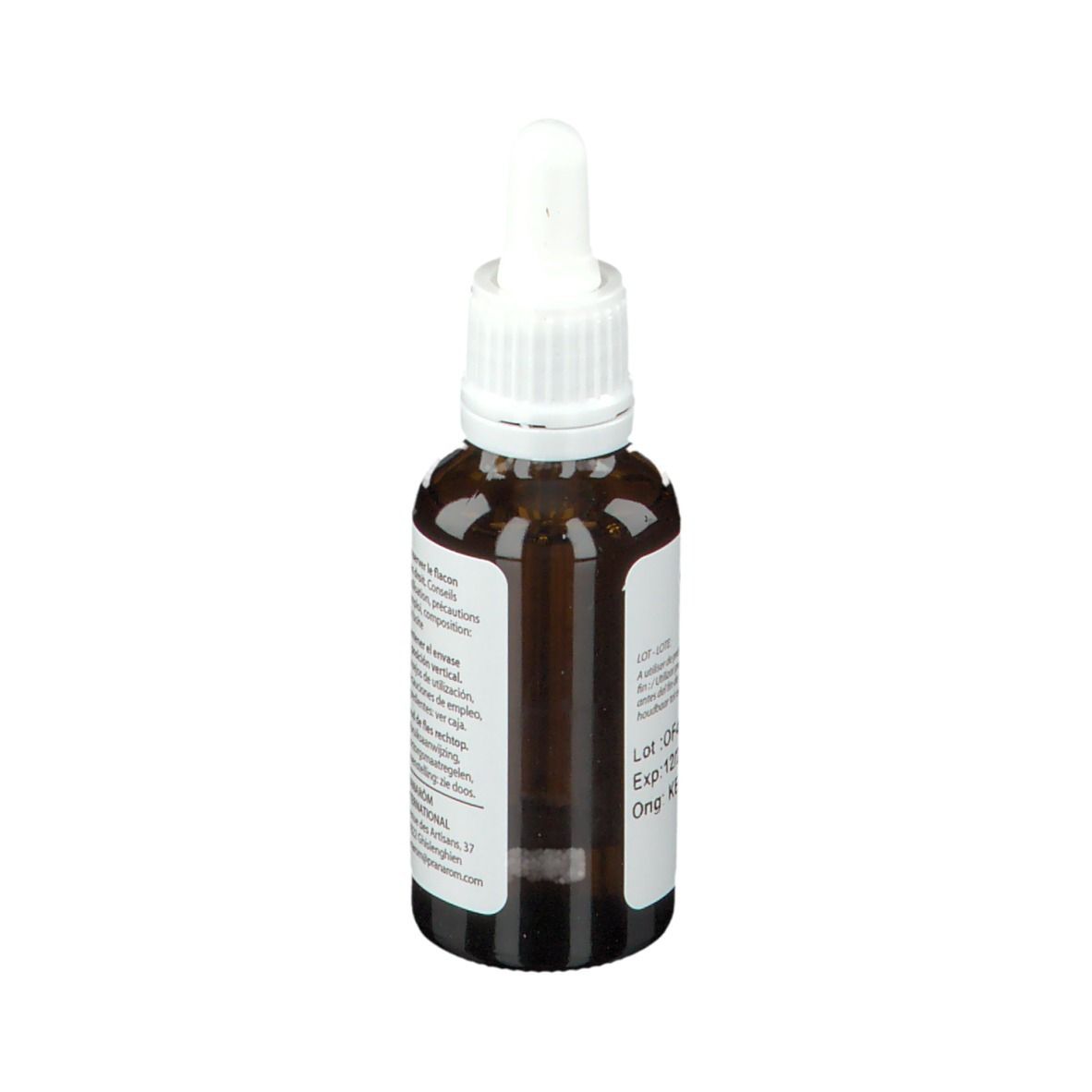 Bruine glazen fles met pipet. Etiket met productinformatie. Achteraanzicht.