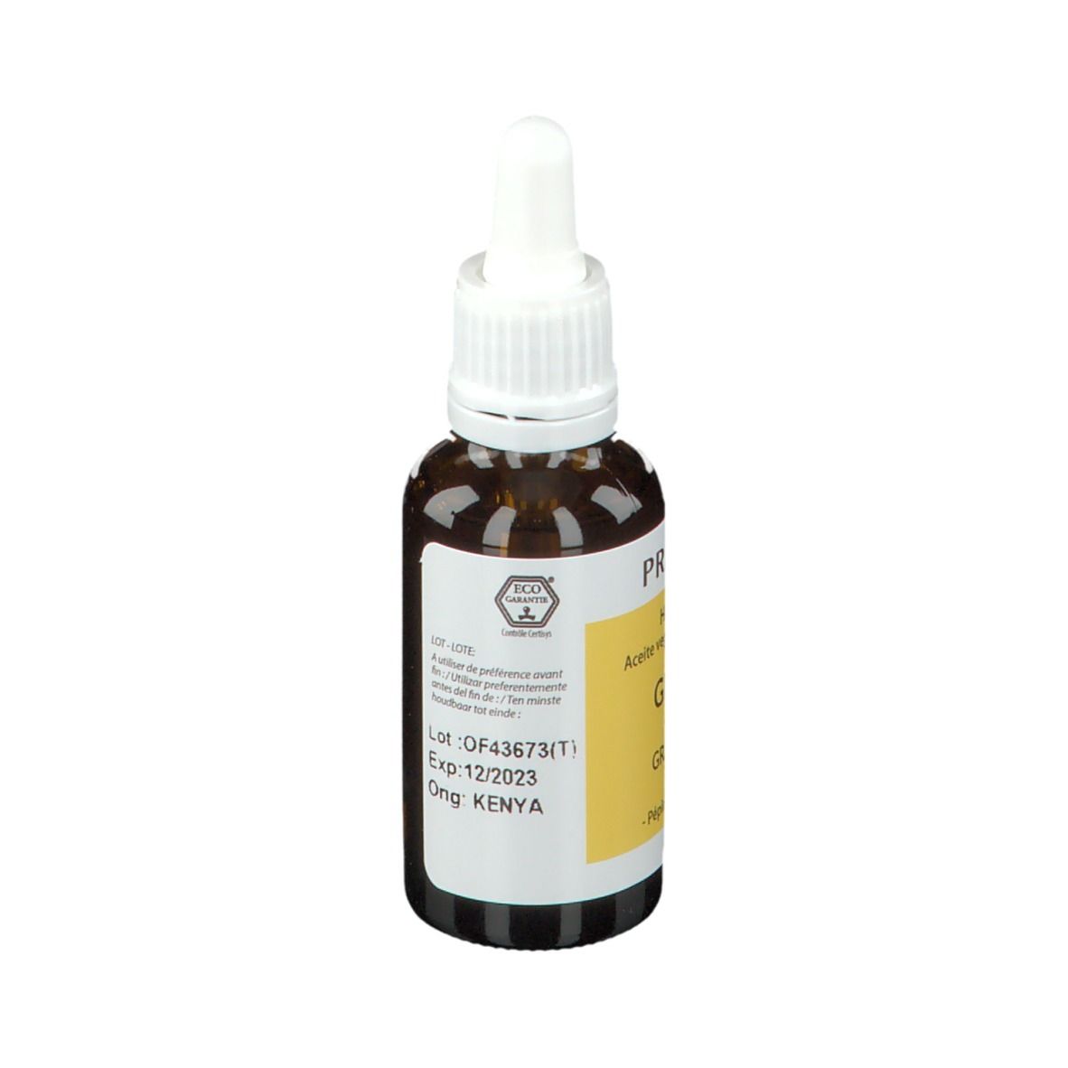 Bruine glazen fles met pipet. Etiket met productinformatie, bio-keurmerk en vervaldatum.
