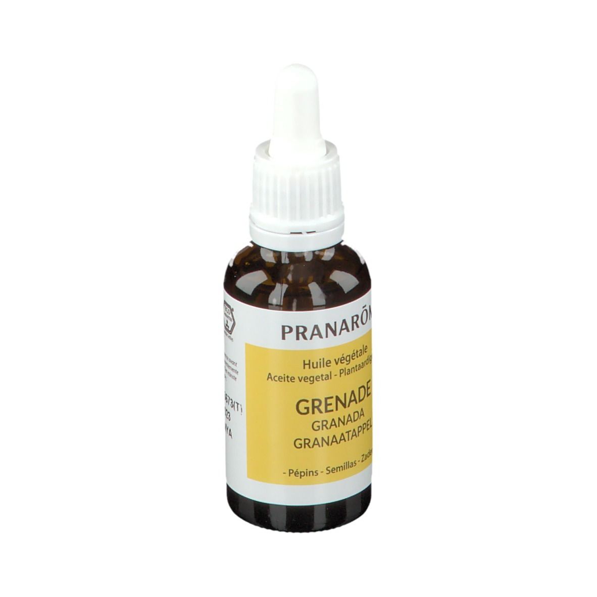 Bruine glazen fles met pipet. Etiket met productnaam en ingrediënten. Merk PRANARÔM.