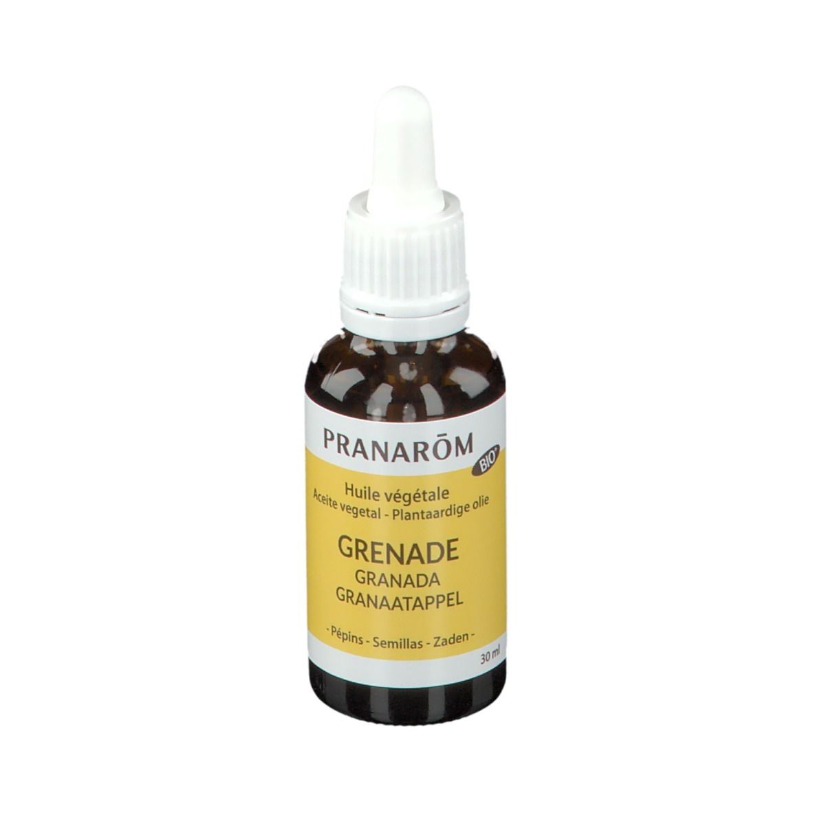 Bruine glazen fles met pipet. Etiket met productnaam, ingrediënten en 30 ml. Merk PRANARÔM.