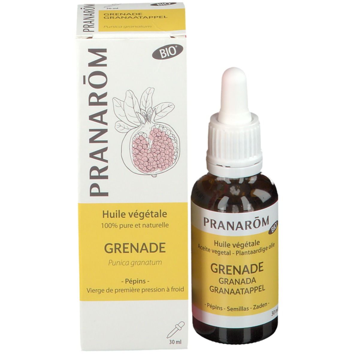 Productfles met pipet en verpakking. Verpakking met productnaam en bio-keurmerk. Merk PRANARÔM.