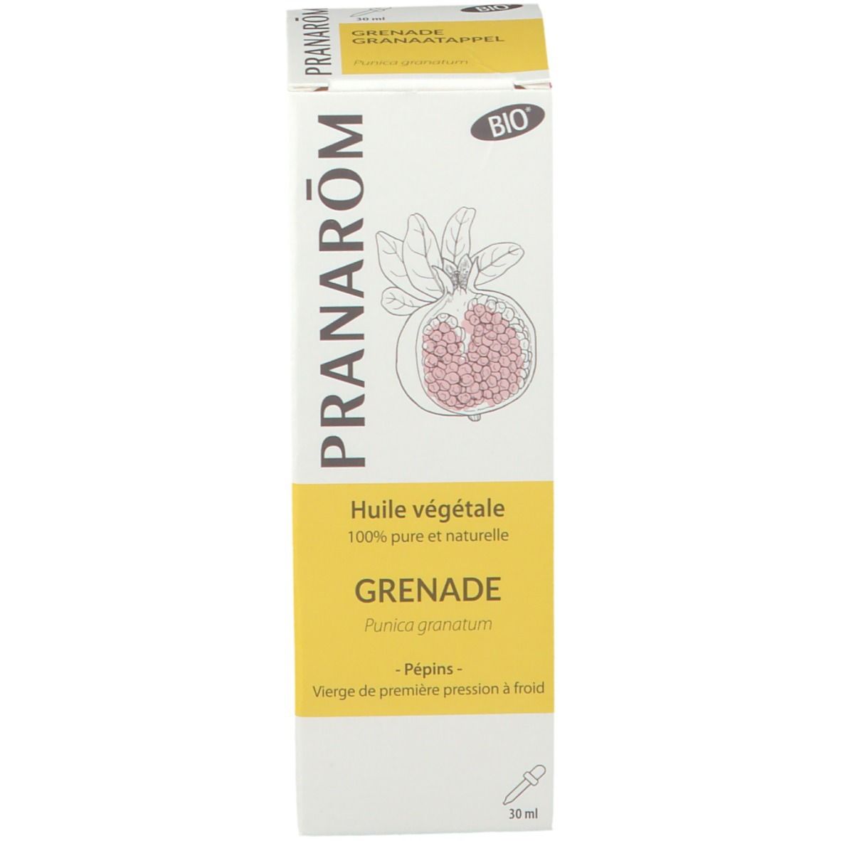 Productverpakking met productnaam, bio-keurmerk en afbeelding van een granaatappel. Merk PRANARÔM.