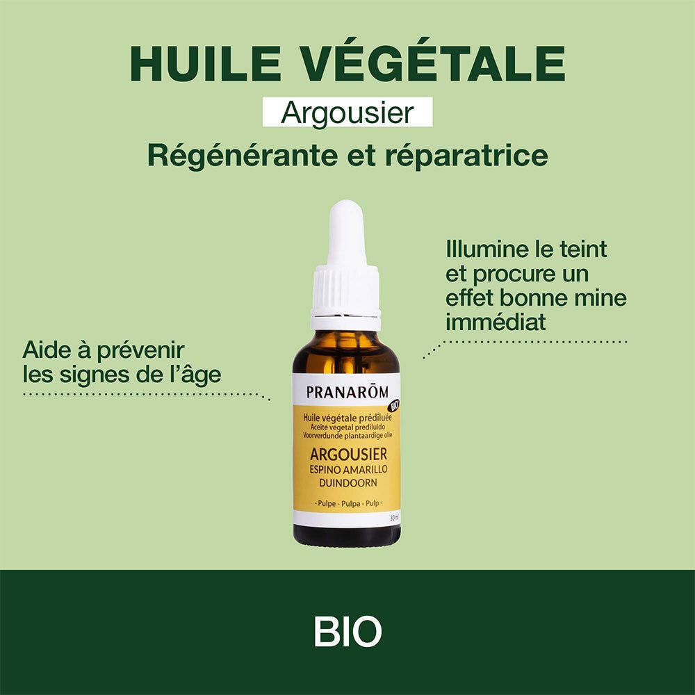 Braune Glasflasche mit Pipette und gelbem Etikett. Text: Huile végétale Argousier. BIO-Zertifizierung.