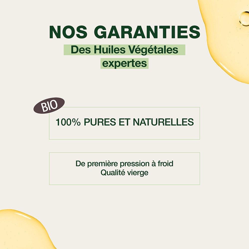 Text: 100% reine und natürliche Öle. BIO-Zertifizierung. Text: Kaltgepresst, Virgin-Qualität.