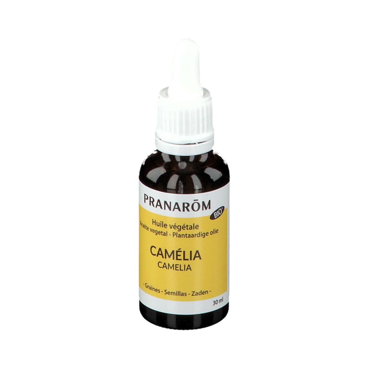 Bruine glazen fles met witte druppelaar. Geel etiket met tekst: PRANARÔM, Camélia, BIO. 30 ml.