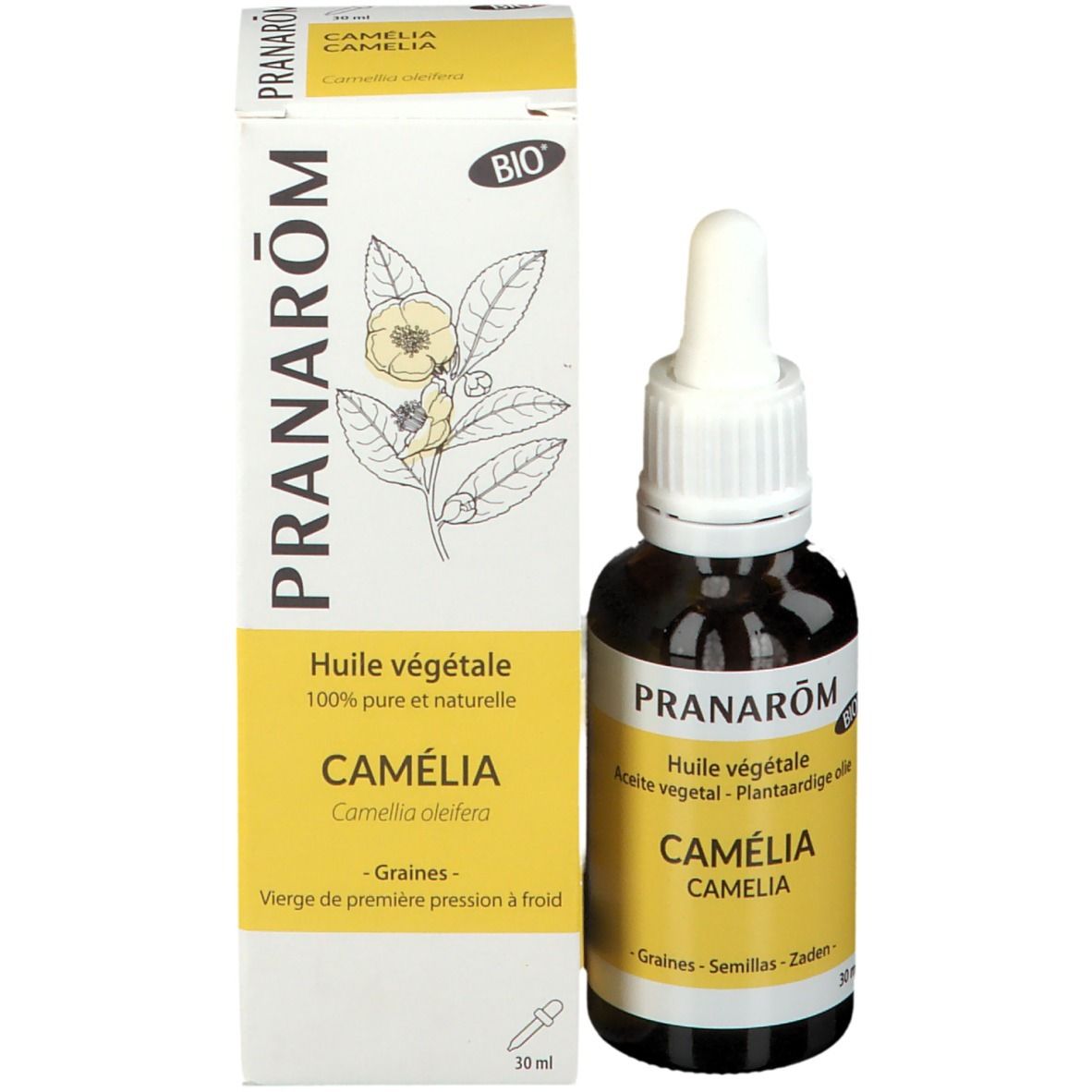 Productfles en doos. Doos met tekst: PRANARÔM, Camélia, BIO. Fles met druppelaar.