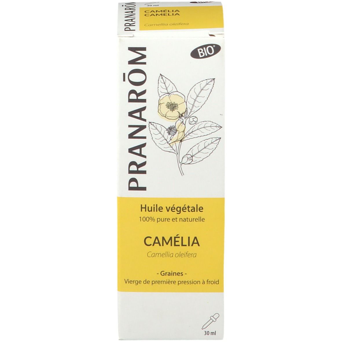 Productverpakking. Doos met tekst: PRANARÔM, Camélia, BIO. 30 ml. Met druppelaar-symbool.