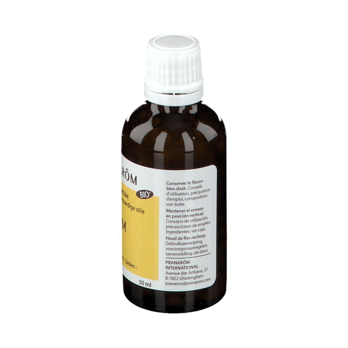 Bruine glazen fles met witte dop. Etiket met tekst. Merk: Pranarôm. Product: Neem. Achterkant met tekst.