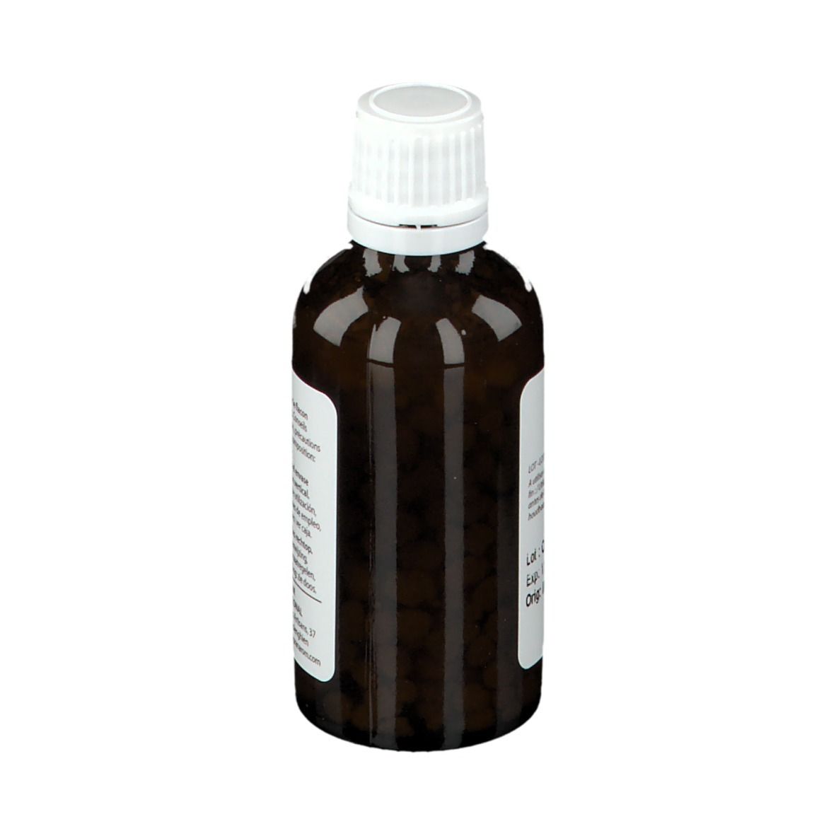 Bruine glazen fles met witte dop. Achteraanzicht. Etiket met tekst. Merk: Pranarôm. Product: Neem.