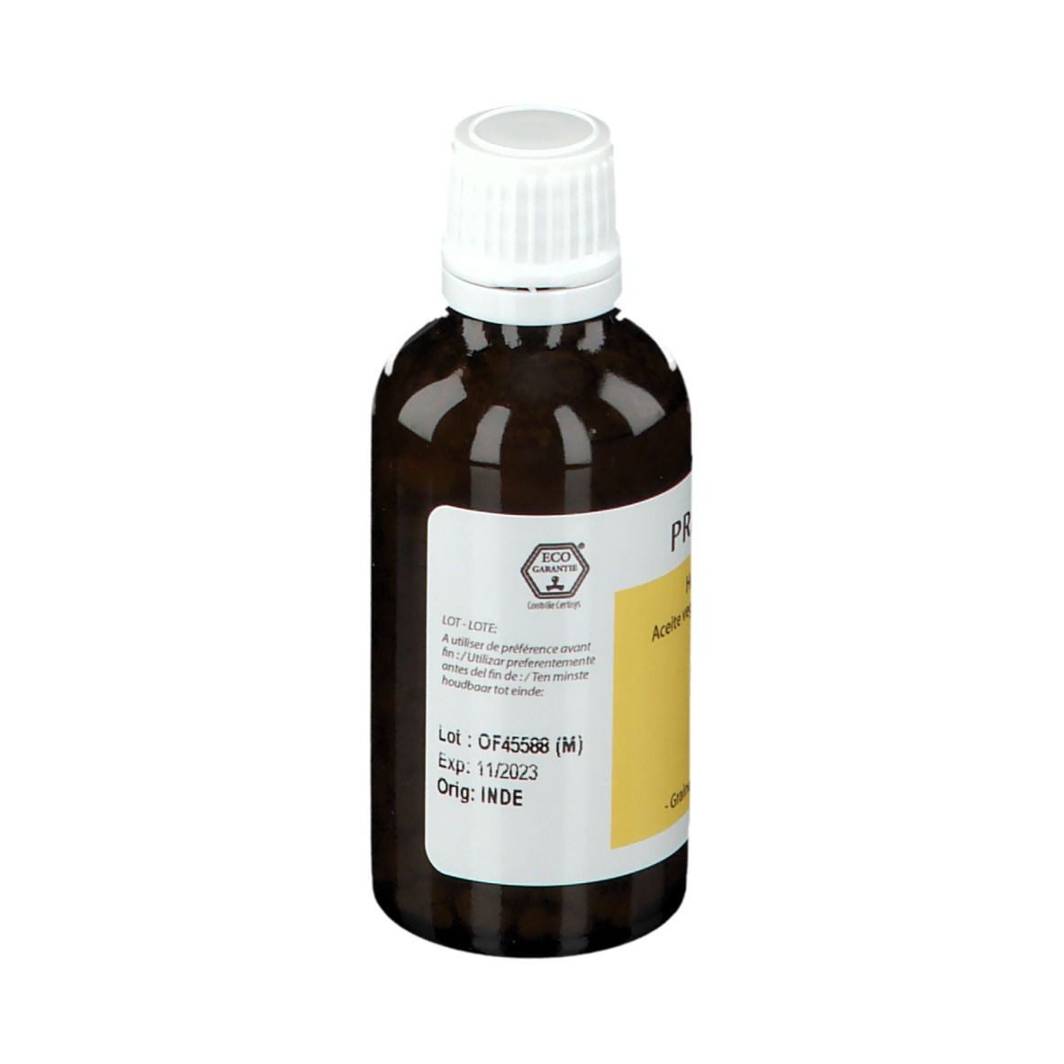Bruine glazen fles met witte dop. Etiket met tekst en logo. Merk: Pranarôm. Product: Neem. Met keurmerk.