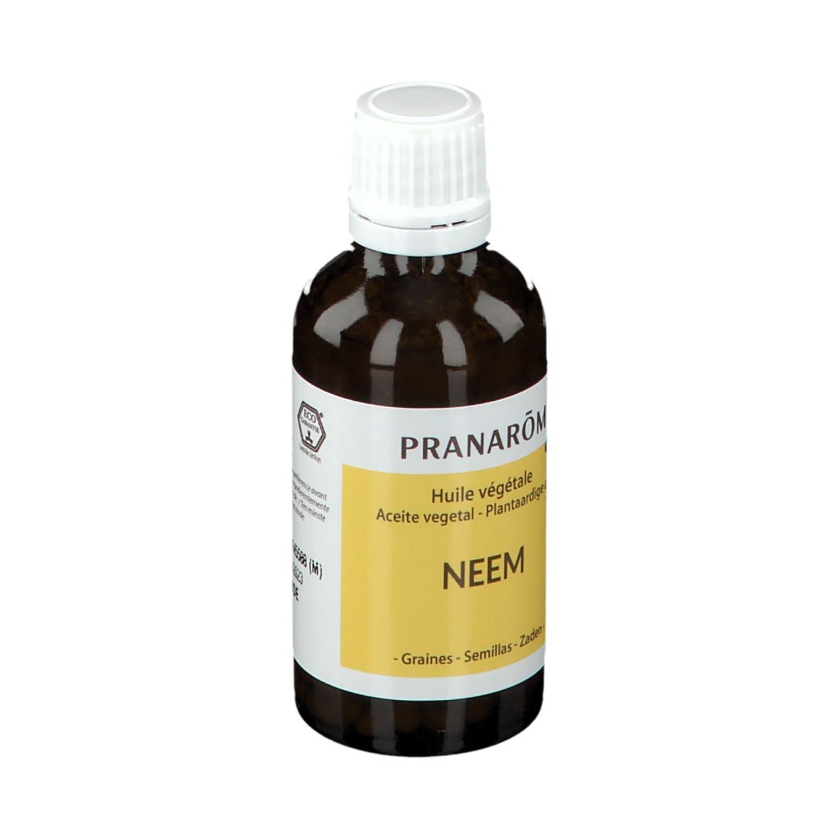 Bruine glazen fles met witte dop. Etiket met tekst. Merk: Pranarôm. Product: Neem. Met keurmerk.
