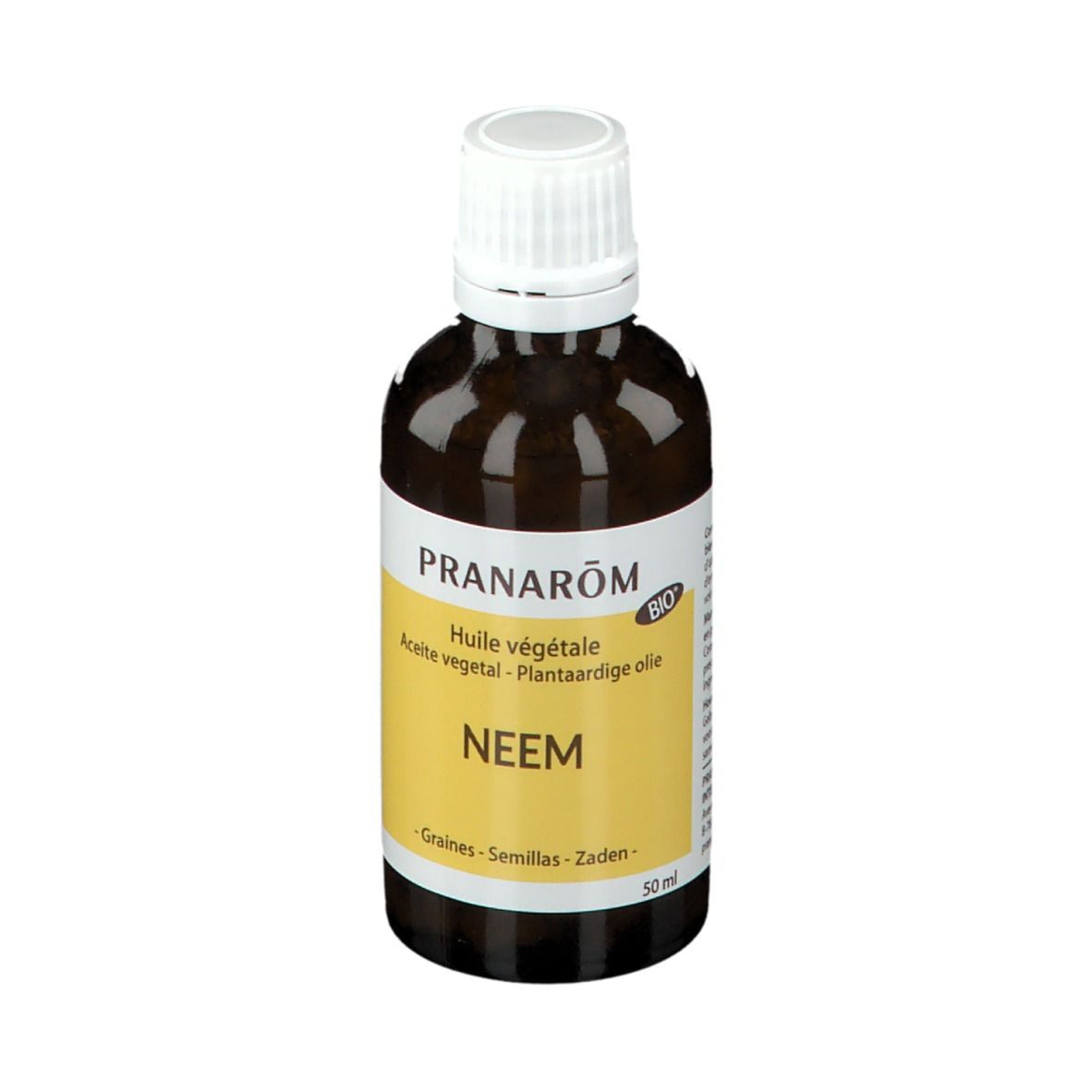 Bruine glazen fles met witte dop. Etiket met tekst. Merk: Pranarôm. Product: Neem. Met Bio-keurmerk.