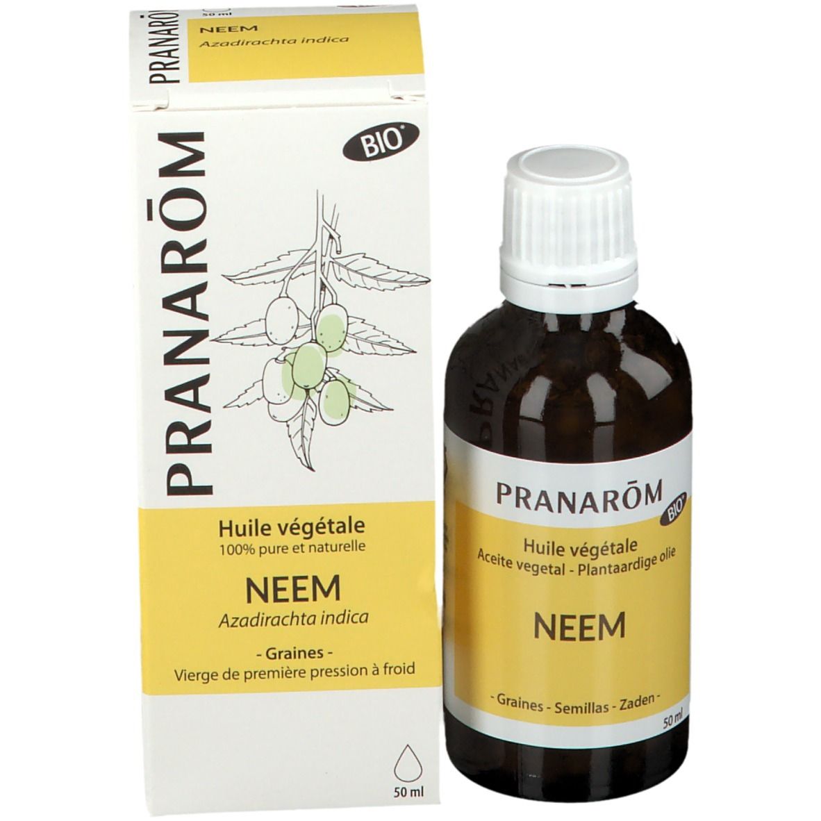 Bruine glazen fles met witte dop en doos. Merk: Pranarôm. Product: Neem. Doos met afbeelding en tekst.