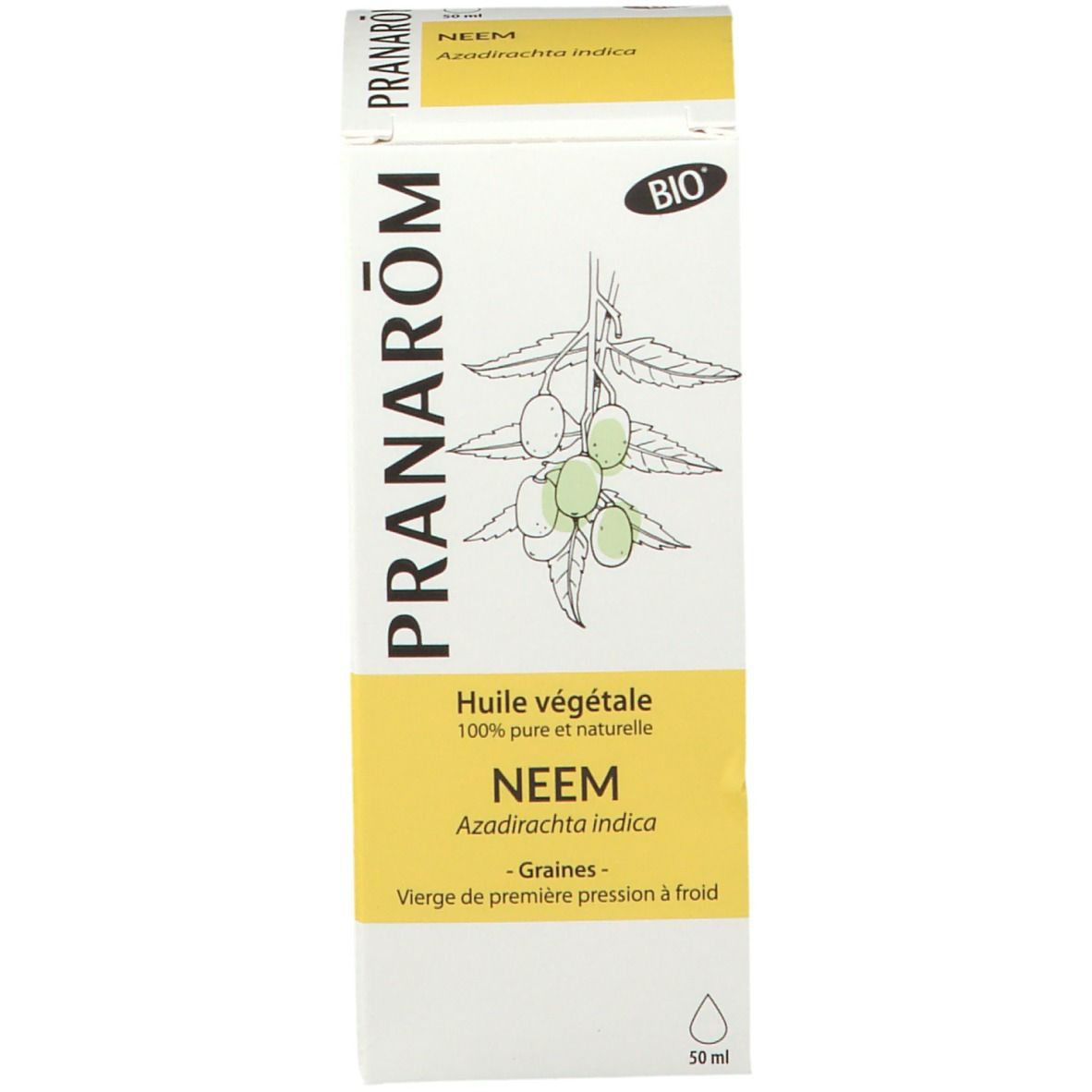 Doos met tekst en afbeelding. Merk: Pranarôm. Product: Neem. Met Bio-keurmerk. Afbeelding van bladeren.