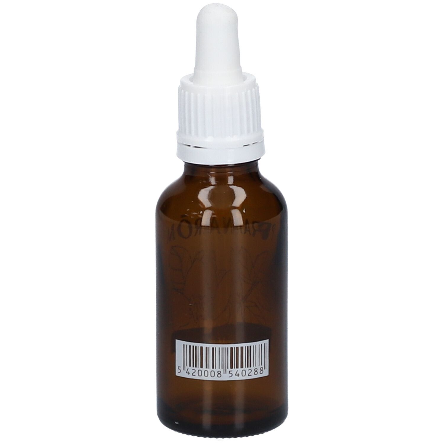 Braune Glasflasche mit weißem Tropferaufsatz und weißem Schraubverschluss. Barcode mit Nummer auf der linken Seite.