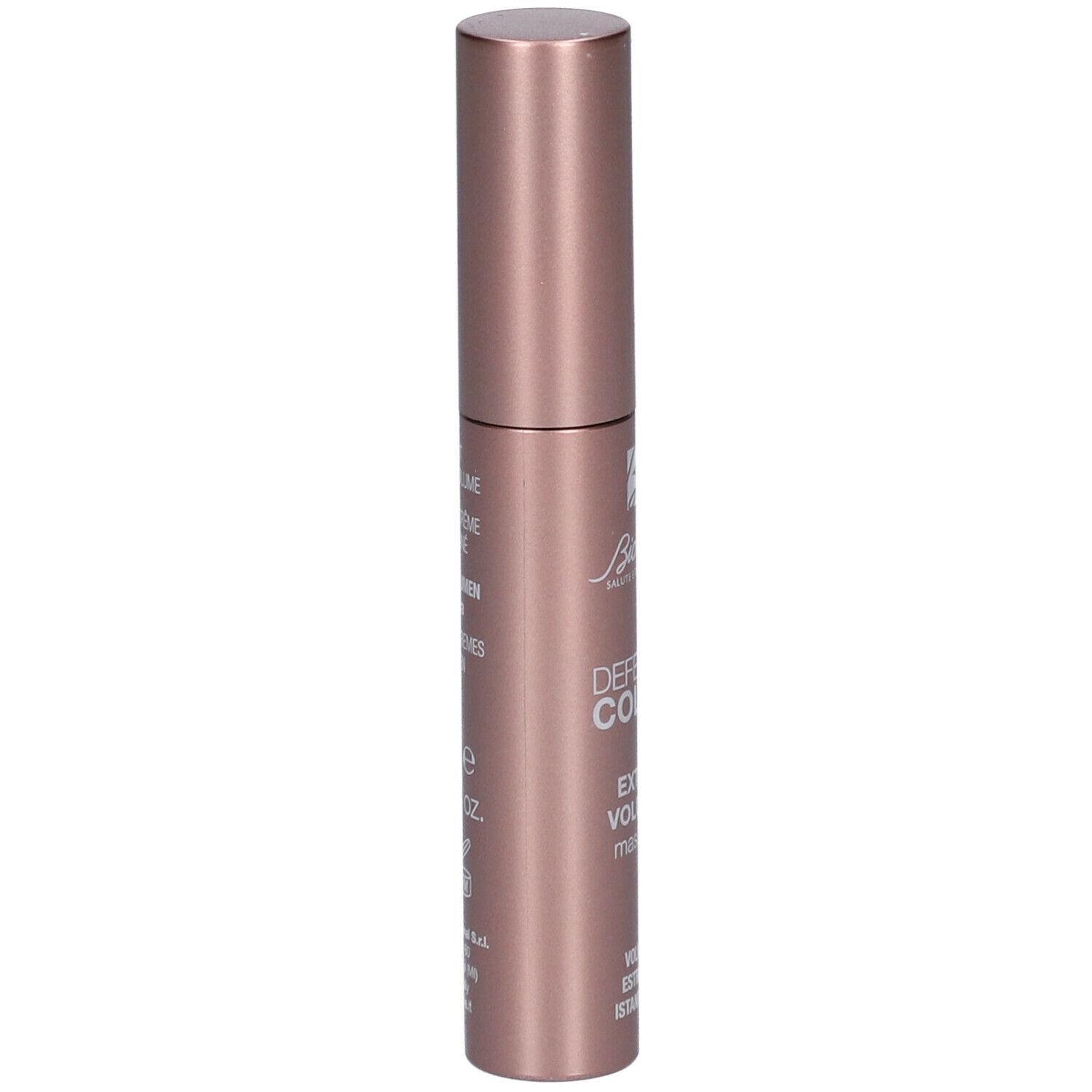 BioNike DEFENCE COLOR Mascara. Roze-gouden huls met zwarte tekst. DEFENCE COLOR, Extra Volumen Mascara.