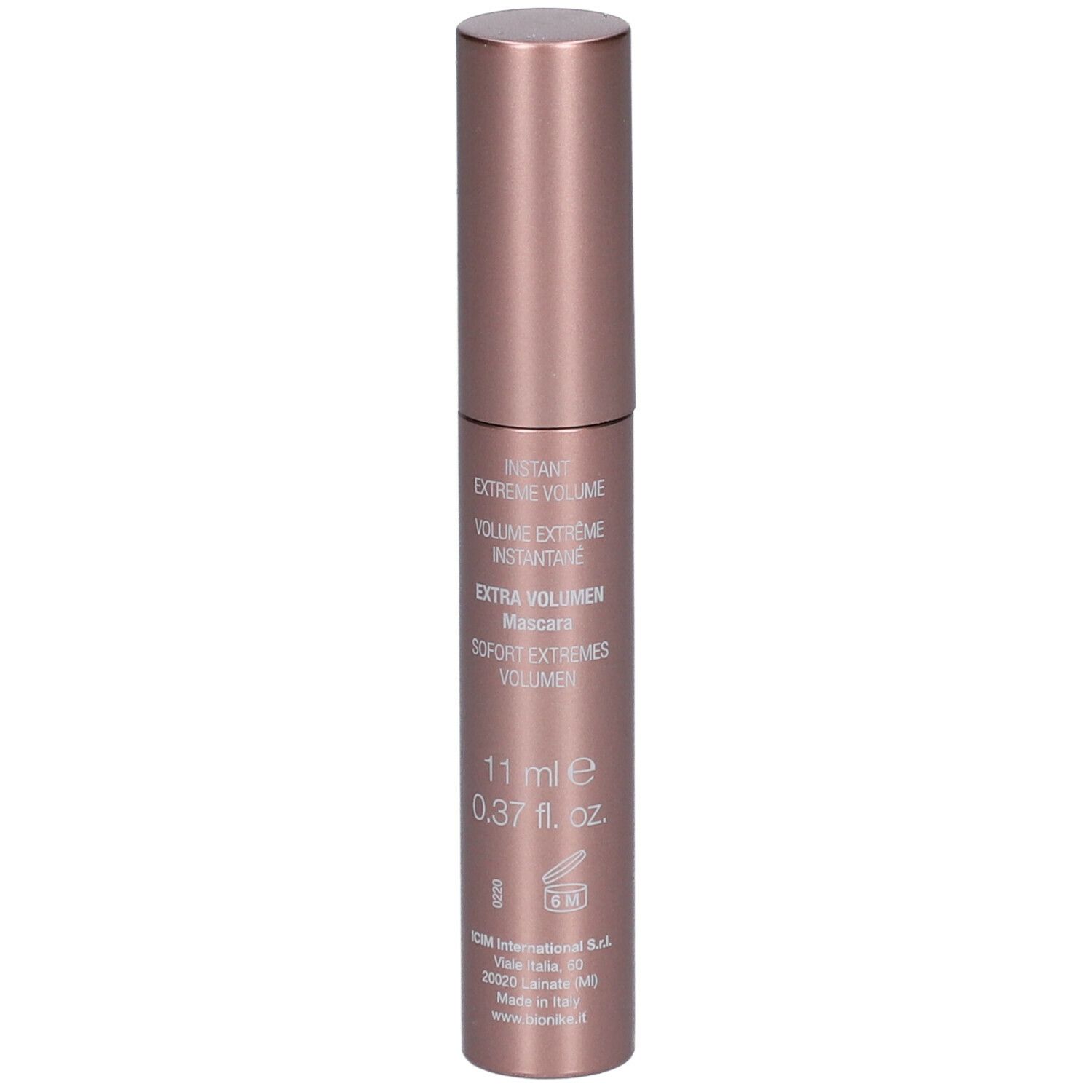 BioNike DEFENCE COLOR Mascara. Roze-gouden huls met zwarte tekst. 11 ml, 0.37 fl. oz. Extra Volumen Mascara.