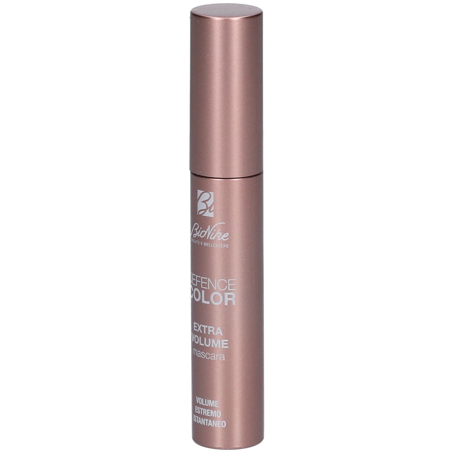 BioNike DEFENCE COLOR Mascara. Roze-gouden huls met zwarte tekst. DEFENCE COLOR, Extra Volumen Mascara.