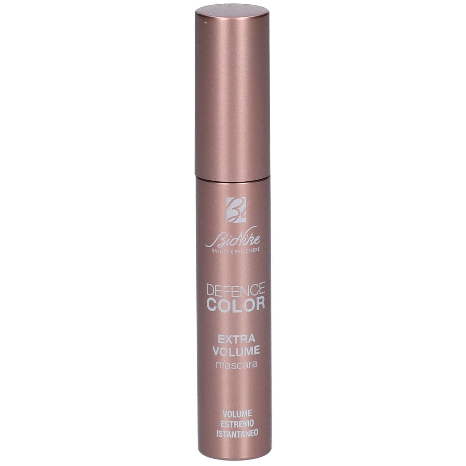 BioNike DEFENCE COLOR Mascara. Roze-gouden huls met zwarte tekst. DEFENCE COLOR, Extra Volumen Mascara.