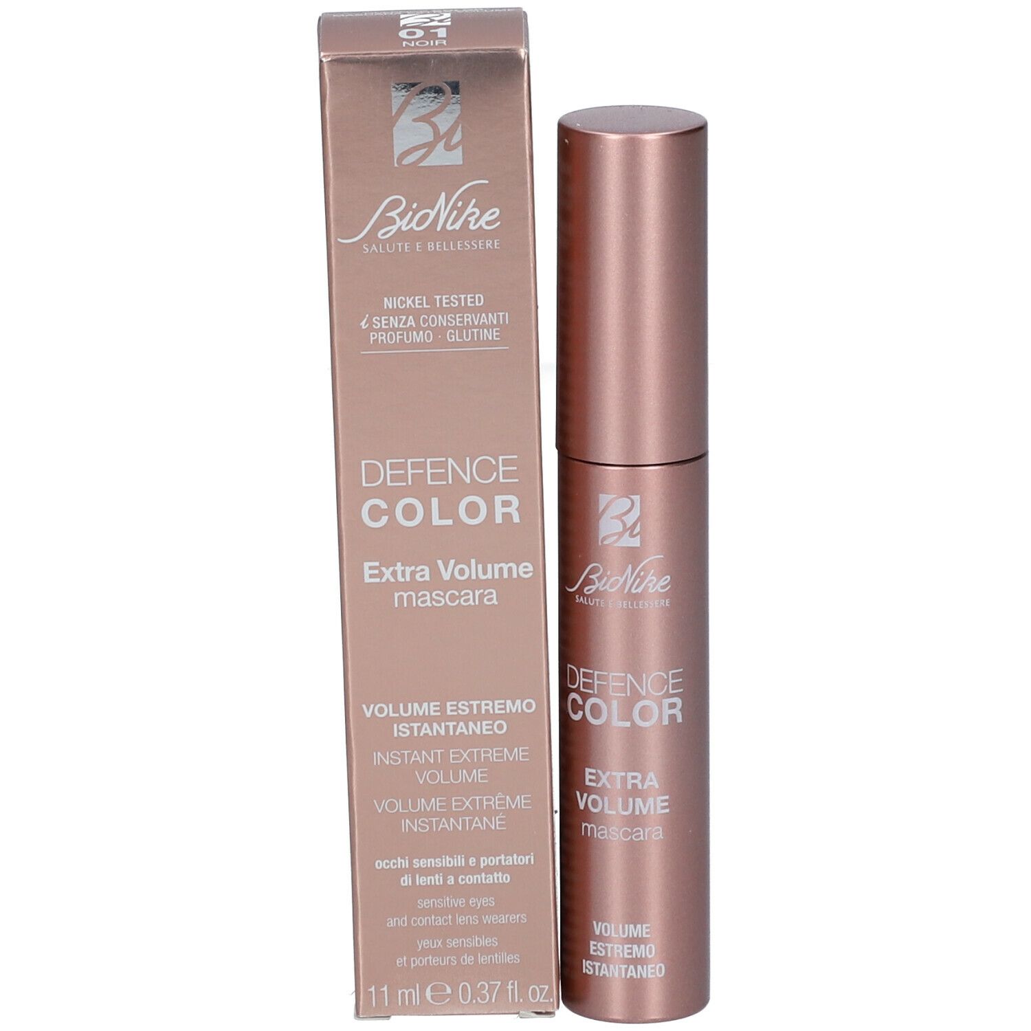 BioNike DEFENCE COLOR Mascara en verpakking. Roze-gouden huls en doos. Extra Volumen Mascara. 11 ml, 0.37 fl. oz.