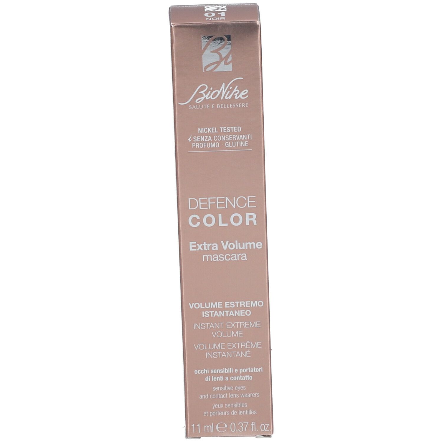 BioNike DEFENCE COLOR Mascara verpakking. Roze-gouden doos met tekst. Extra Volumen Mascara. 11 ml, 0.37 fl. oz.