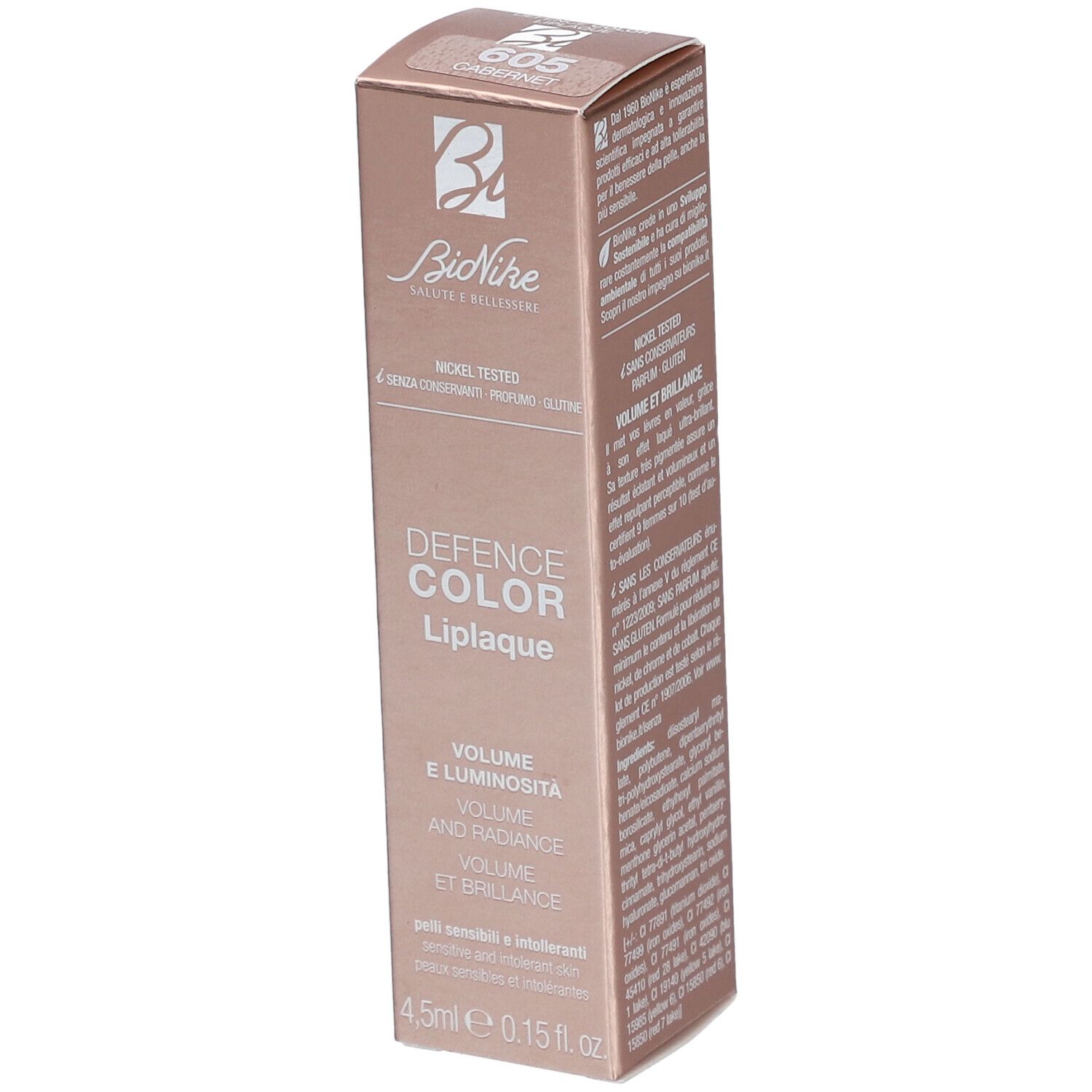 BioNike Defense Color Liplaque 605 Carbernet. Boîte rose. Texte: Nickel Tested, Volume et éclat. 4,5 ml.