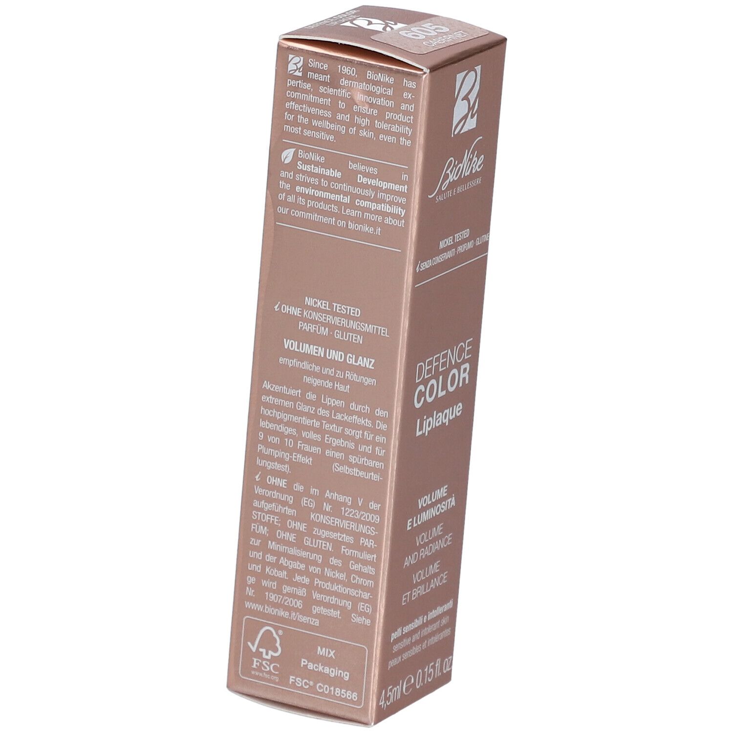 BioNike Defense Color Liplaque 605 Carbernet. Boîte rose. Texte: Nickel Tested, Volume et éclat. Logo FSC.