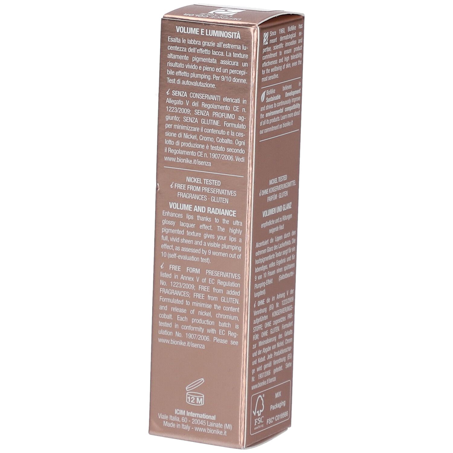 BioNike Defense Color Liplaque 605 Carbernet. Boîte rose. Texte: Volume et éclat, Nickel Tested. Logo FSC.