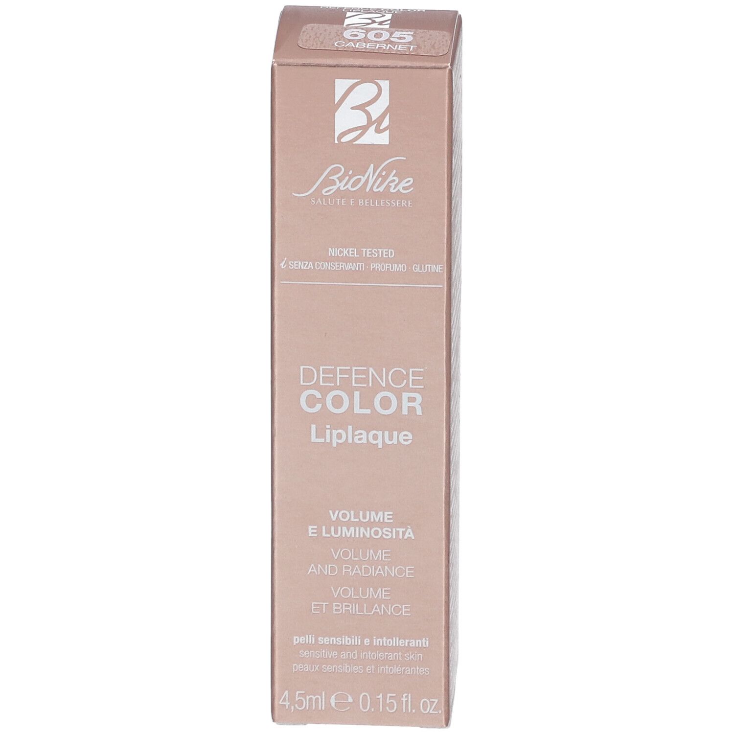 BioNike Defense Color Liplaque 605 Carbernet. Boîte rose. Texte: Nickel Tested, Volume et éclat. 4,5 ml.