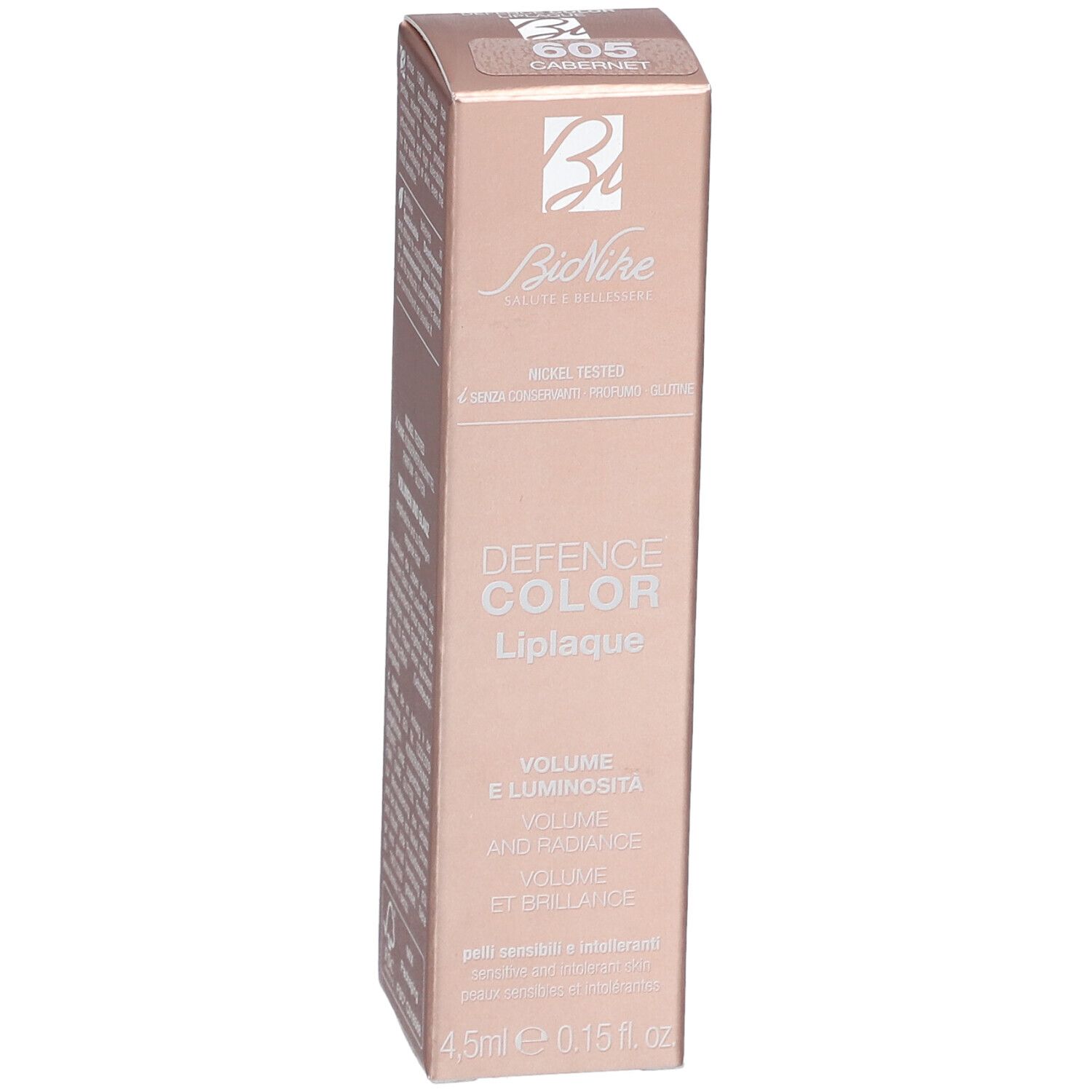 BioNike Defense Color Liplaque 605 Carbernet. Boîte rose. Texte: Nickel Tested, Volume et éclat. 4,5 ml.