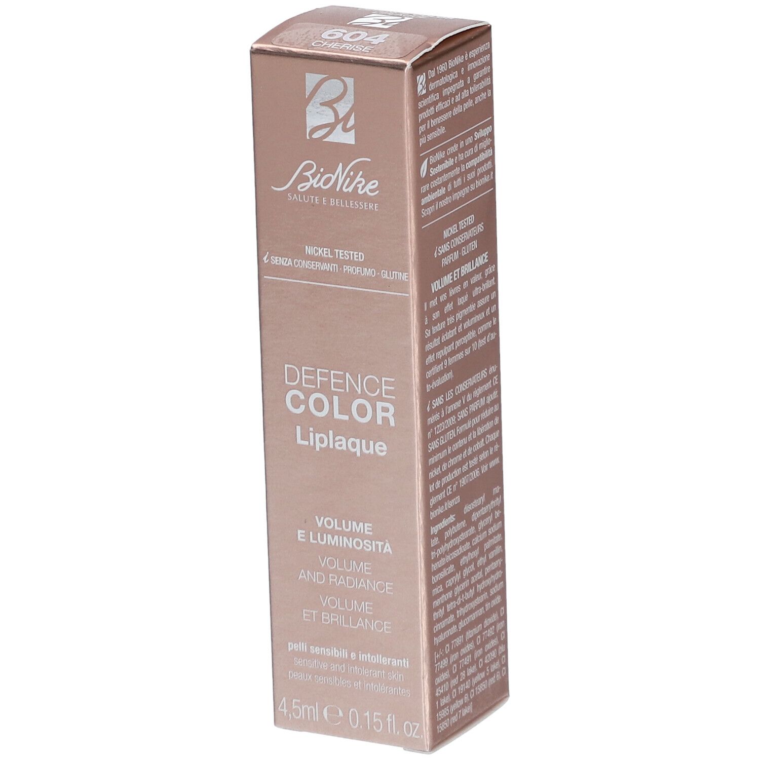 BioNike Defense Color Liplaque-Verpackung. Nickel getestet, ohne Konservierungsstoffe, Parfüm und Gluten. Volumen und Leuchtkraft.