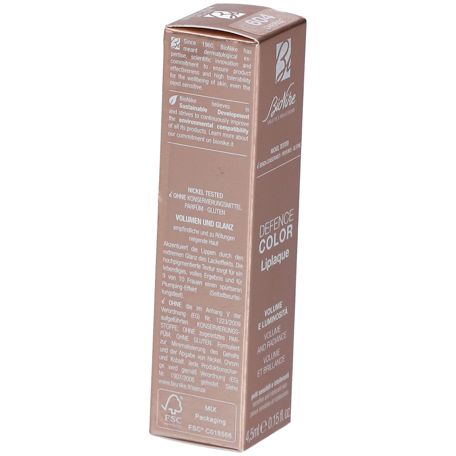 Rückseite der BioNike Defense Color Liplaque-Verpackung. Text in Deutsch, Italienisch, Französisch. FSC-Zertifizierung.