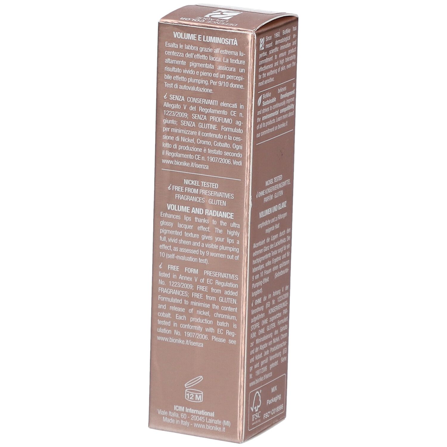 Seite der BioNike Defense Color Liplaque-Verpackung. Text in Deutsch, Italienisch, Französisch. 12M-Symbol.