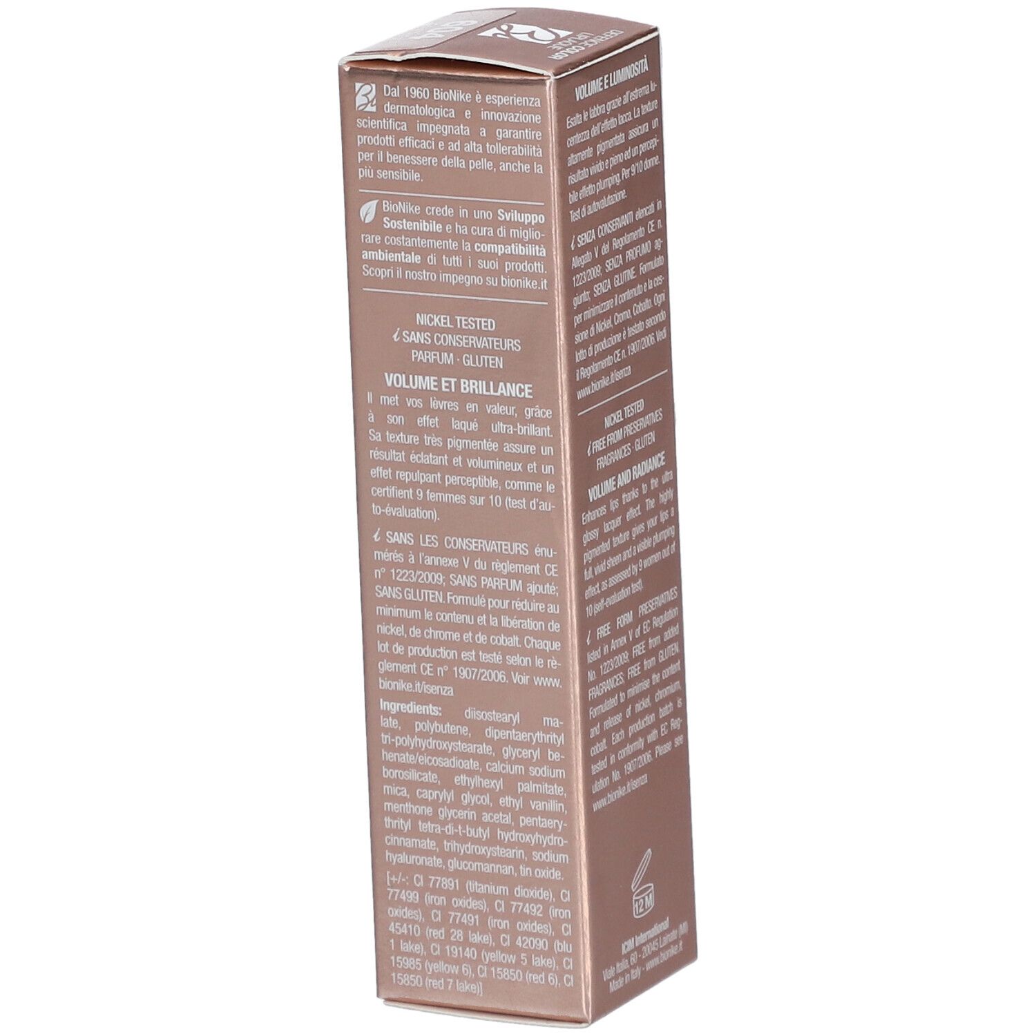 Seite der BioNike Defense Color Liplaque-Verpackung. Inhaltsstoffe aufgeführt. Text in Deutsch, Italienisch, Französisch.