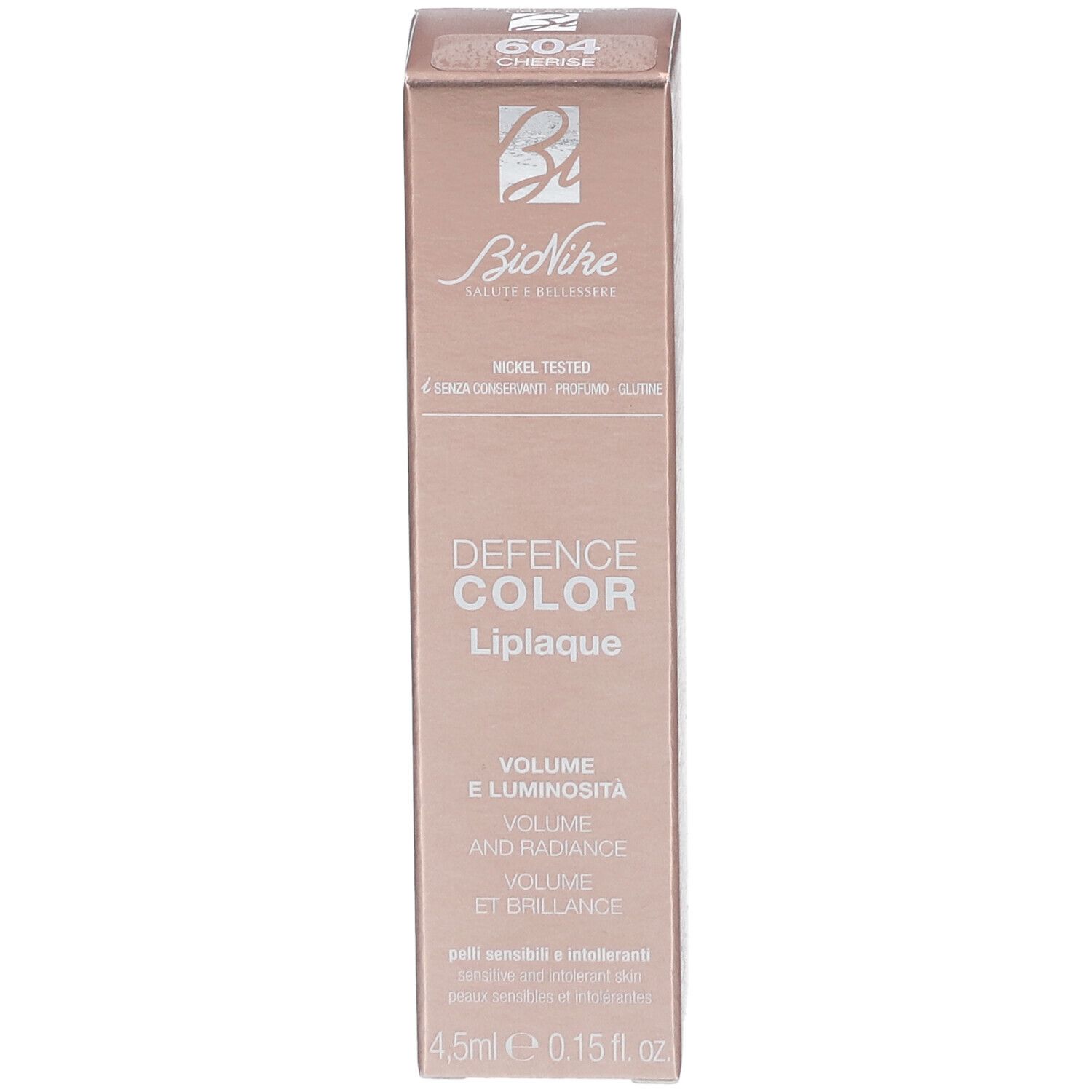 BioNike Defense Color Liplaque-Verpackung. Nickel getestet, ohne Konservierungsstoffe, Parfüm und Gluten. Volumen und Leuchtkraft.