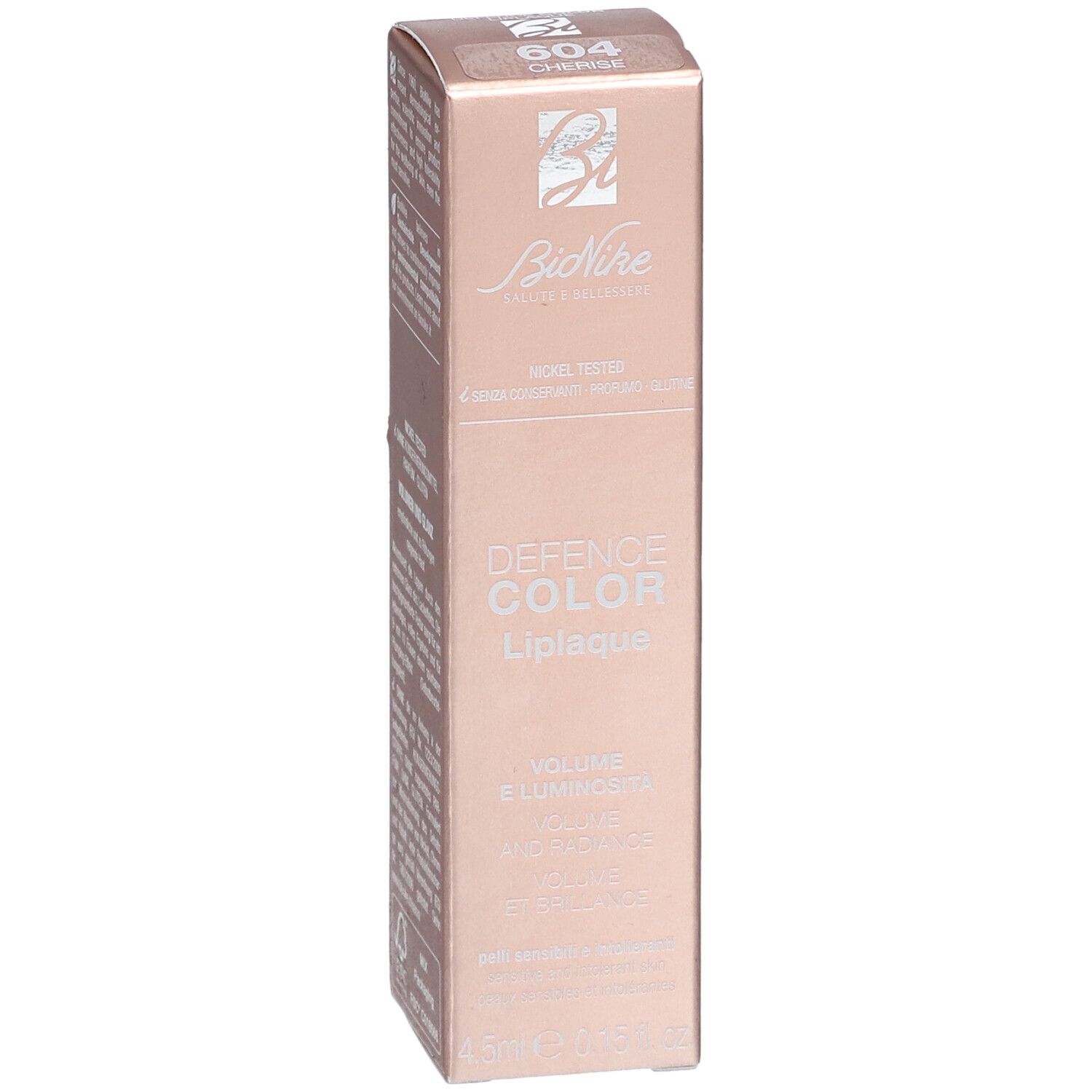 BioNike Defense Color Liplaque-Verpackung. Farbcode 604 Cherise. Nickel getestet, ohne Konservierungsstoffe, Parfüm und Gluten.