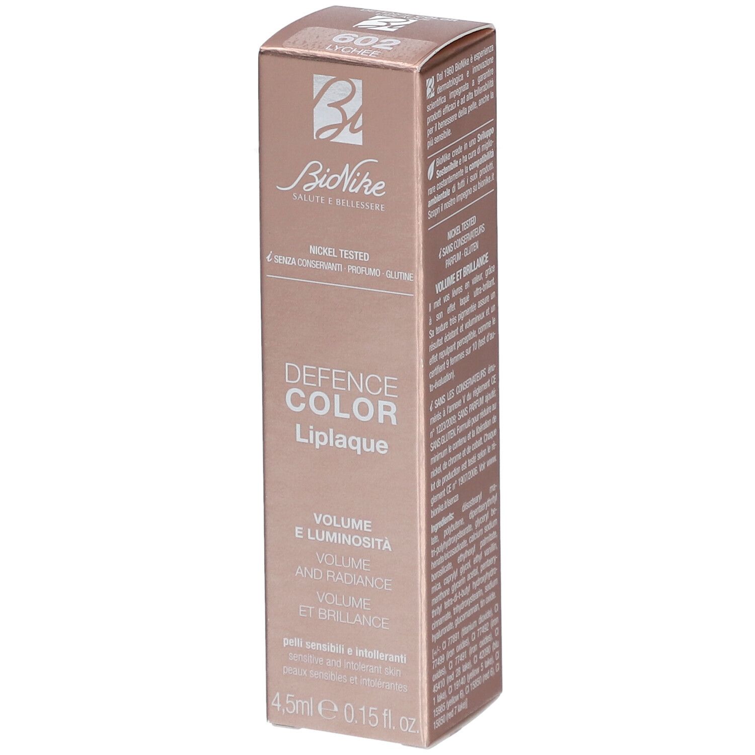 Kartonverpackung. "BioNike"-Logo, "DEFENSE COLOR Liplaque", "602 Lychee". Angaben zu Inhaltsstoffen und Volumen.