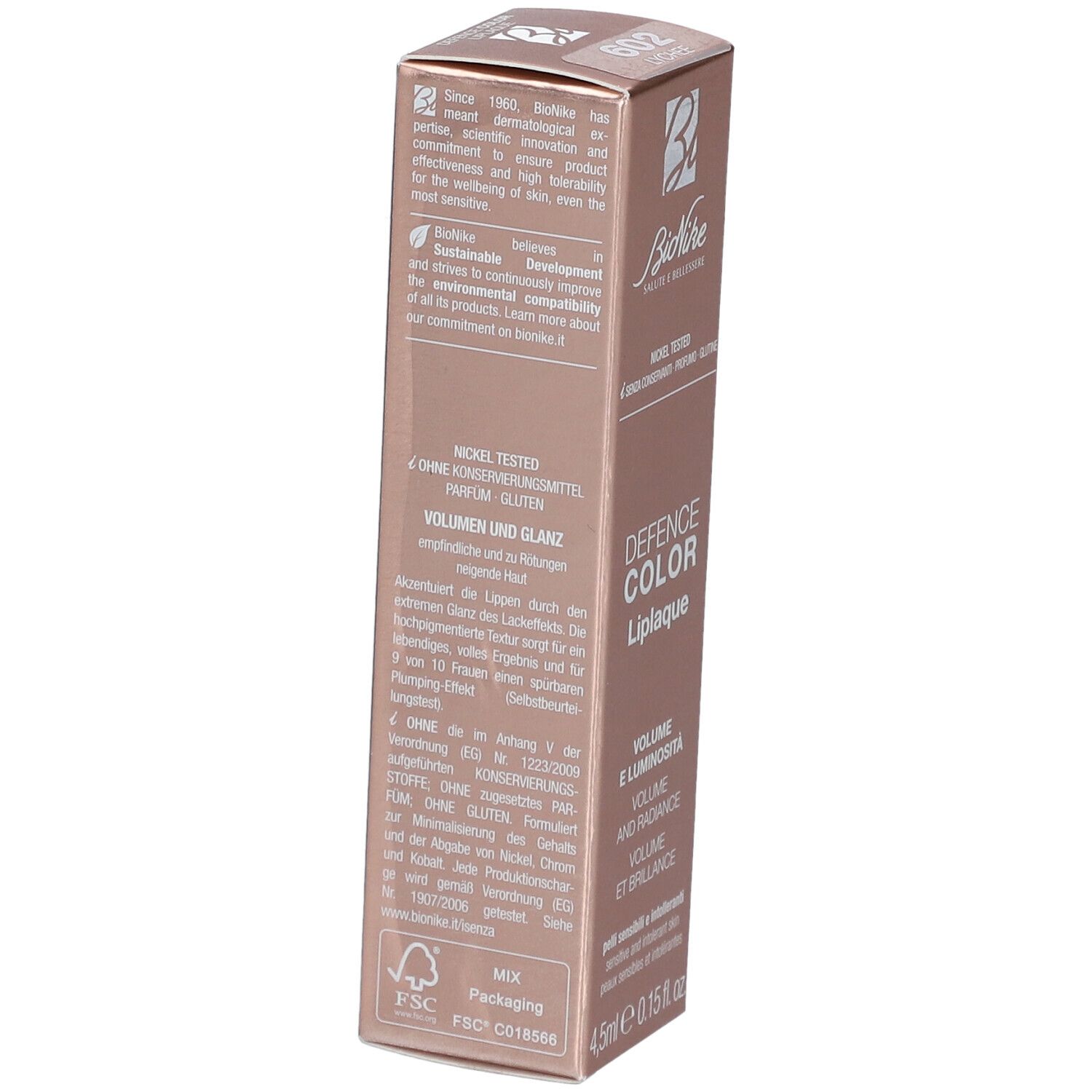 Kartonverpackung. "BioNike"-Logo, "DEFENSE COLOR Liplaque". Text über Nachhaltigkeit und Inhaltsstoffe. FSC-Logo.