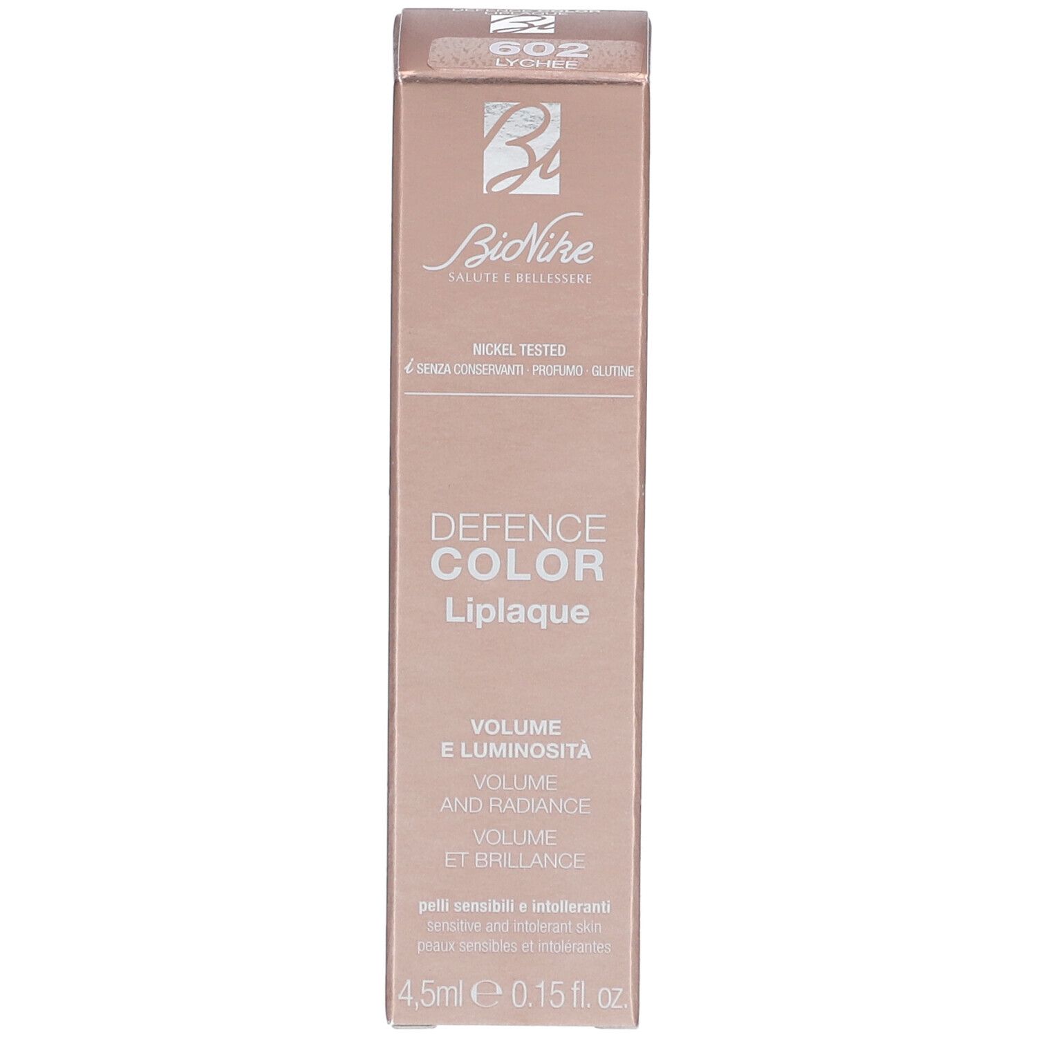 Kartonverpackung. "BioNike"-Logo, "DEFENSE COLOR Liplaque", "602 Lychee". Volumenangabe: 4,5 ml.