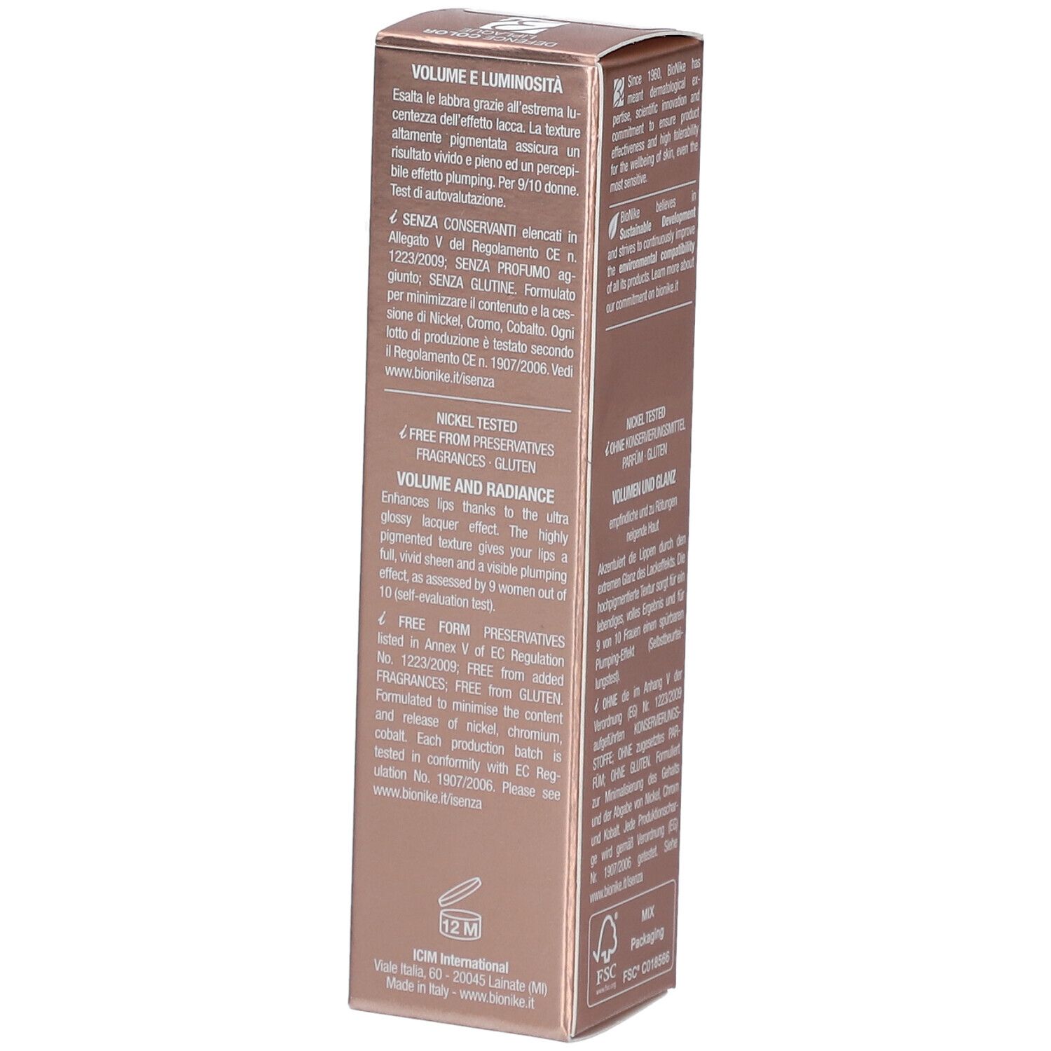 BioNike Defense Color Liplaque 601 Cameo. Schuine verpakking. Tekst op de verpakking. Volume en uitstraling. Ingrediënten.