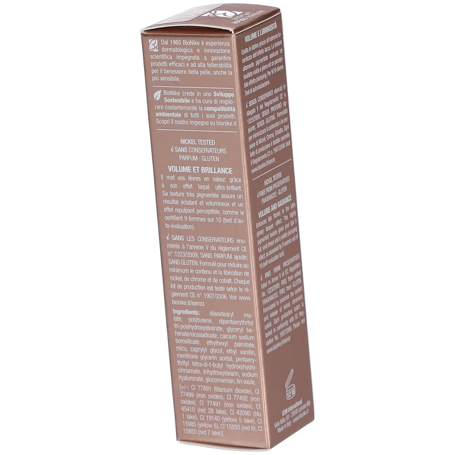 BioNike Defense Color Liplaque 601 Cameo. Schuine verpakking. Tekst op de verpakking. Volume en uitstraling. Ingrediënten.
