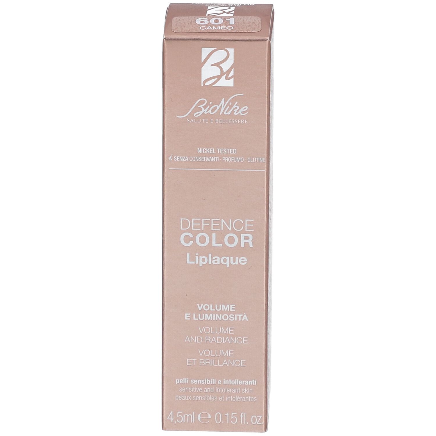 BioNike Defense Color Liplaque 601 Cameo. Rechthoekige verpakking. Merk en productnaam zichtbaar. Volume en uitstraling.