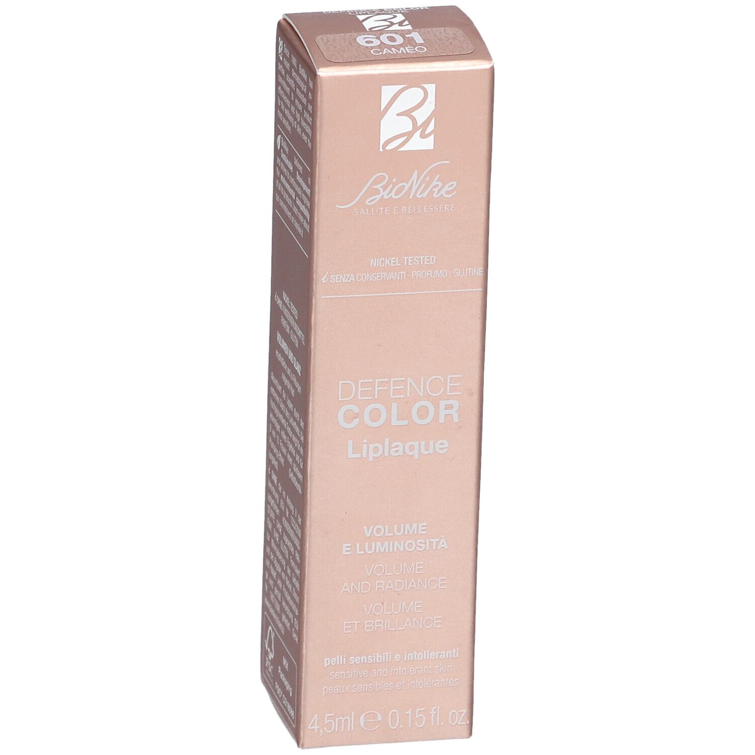 BioNike Defense Color Liplaque 601 Cameo. Rechthoekige verpakking. Merk en productnaam zichtbaar. Volume en uitstraling.