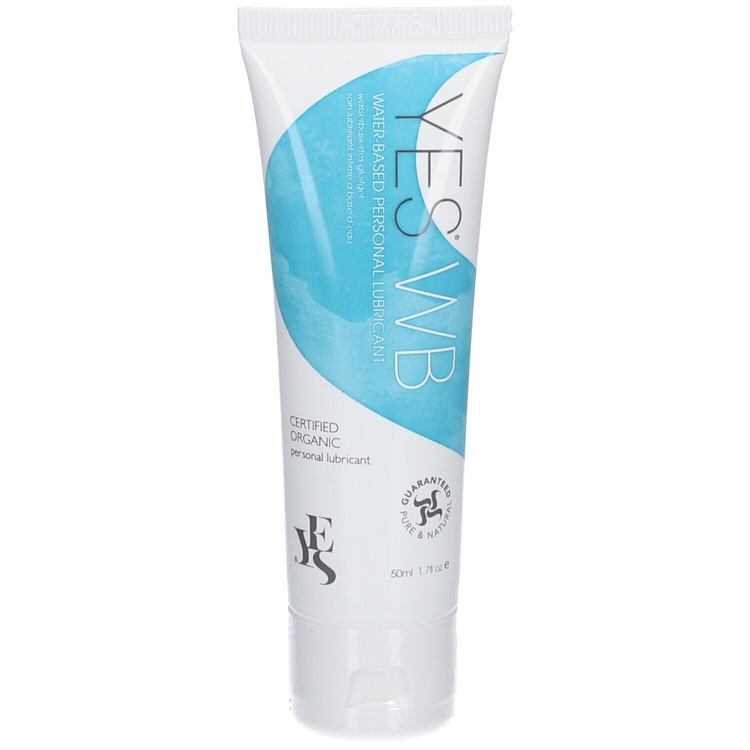 Tube blanche avec design bleu. Inscription: YES WB, lubrifiant personnel à base d'eau. Lubrifiant bio certifié. Sceau.