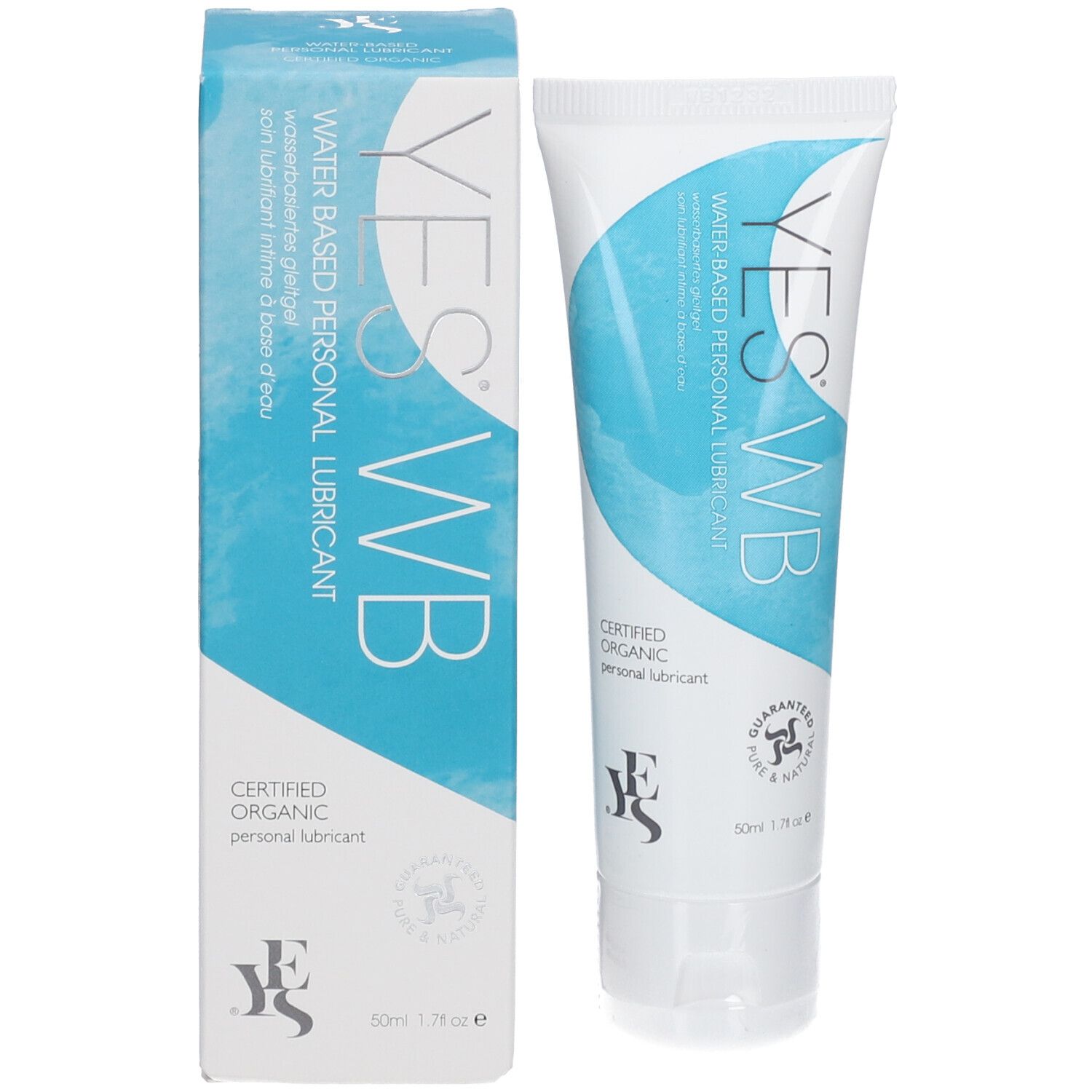 Emballage du produit. Tube et boîte. Inscription: YES WB, lubrifiant personnel à base d'eau. Lubrifiant bio certifié. Sceau.