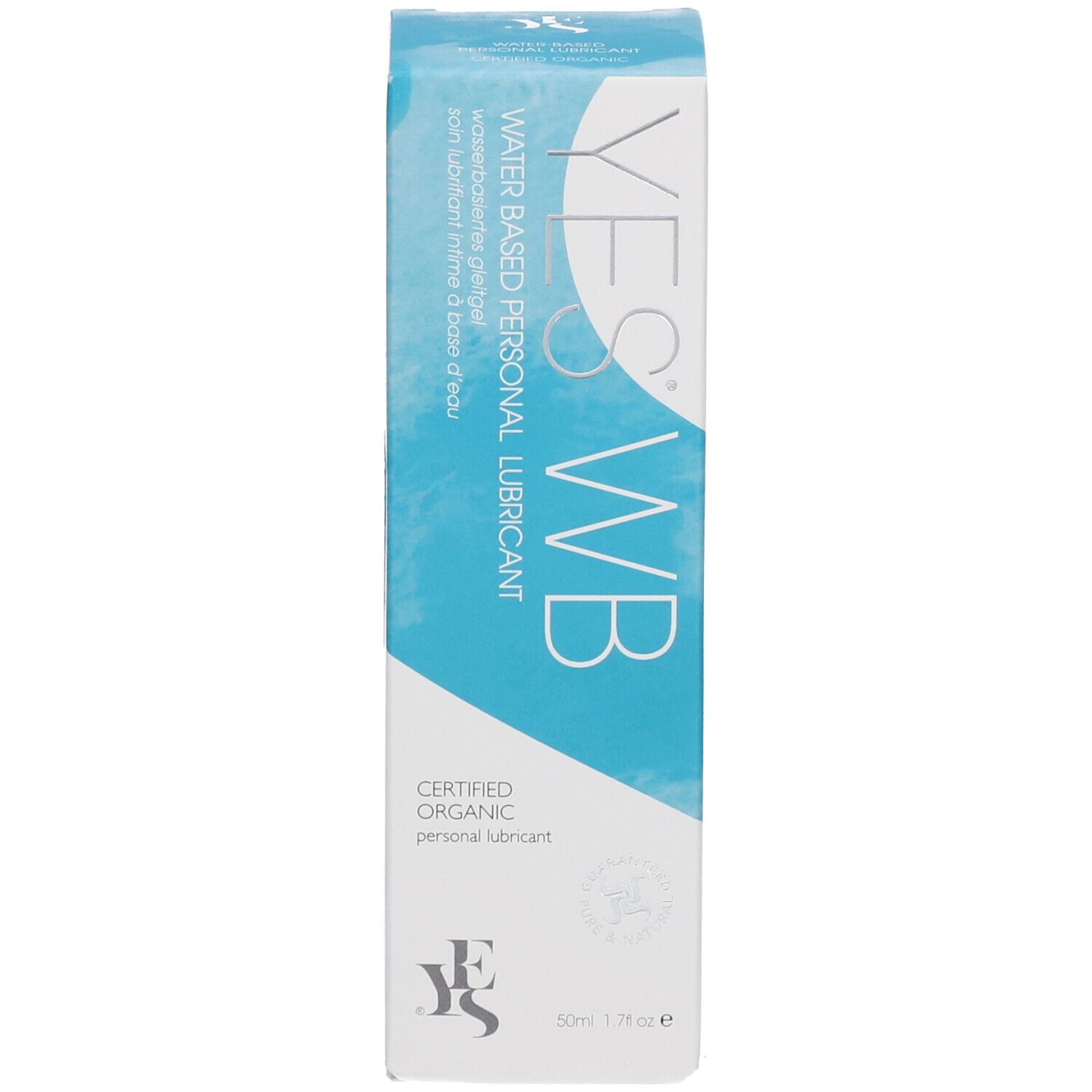 Boîte avec informations sur le produit. Inscription: YES WB, lubrifiant personnel à base d'eau. Lubrifiant bio certifié. Sceau.