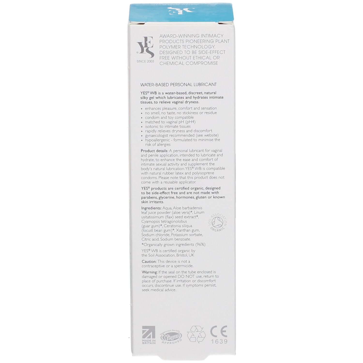 Côté de la boîte. Description du produit, avantages, ingrédients. Certifications et avertissements. Marquage CE.